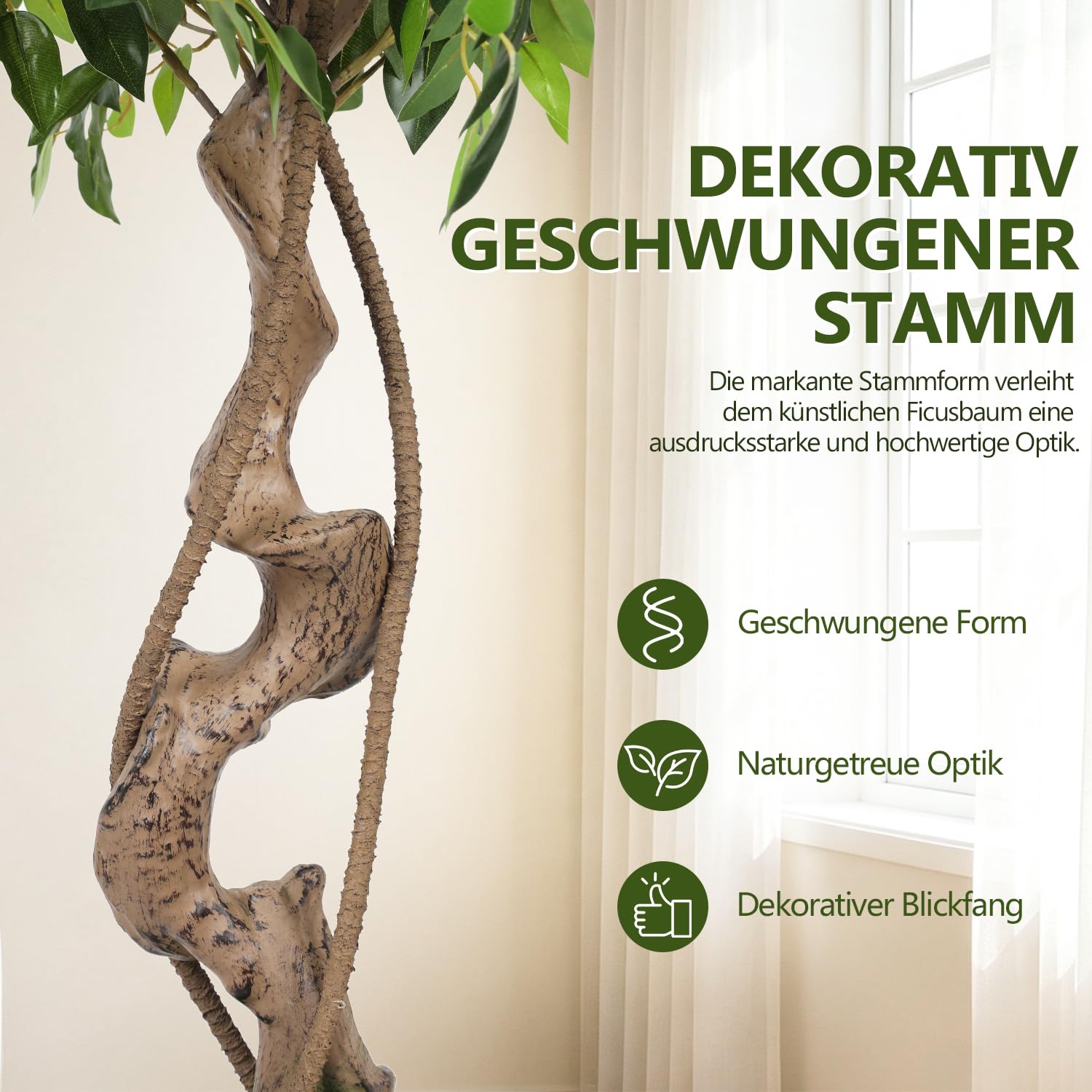 Jopassy Ficus Kunstpflanze 120/150 cm im Topf naturgetreu für Wohnzimmer Büro