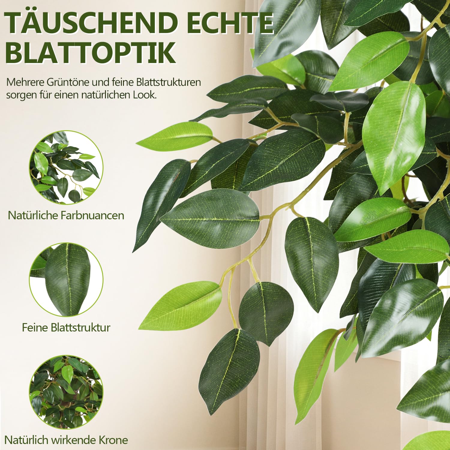 Jopassy Ficus Kunstpflanze 120/150 cm im Topf naturgetreu für Wohnzimmer Büro