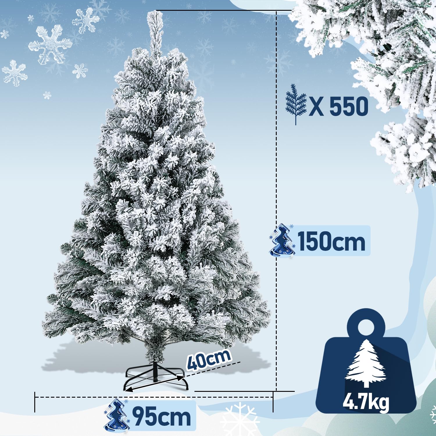 Jopassy Künstlicher Weihnachtsbaum 120/150/180 cm Schneebeflockt mit Metallständer
