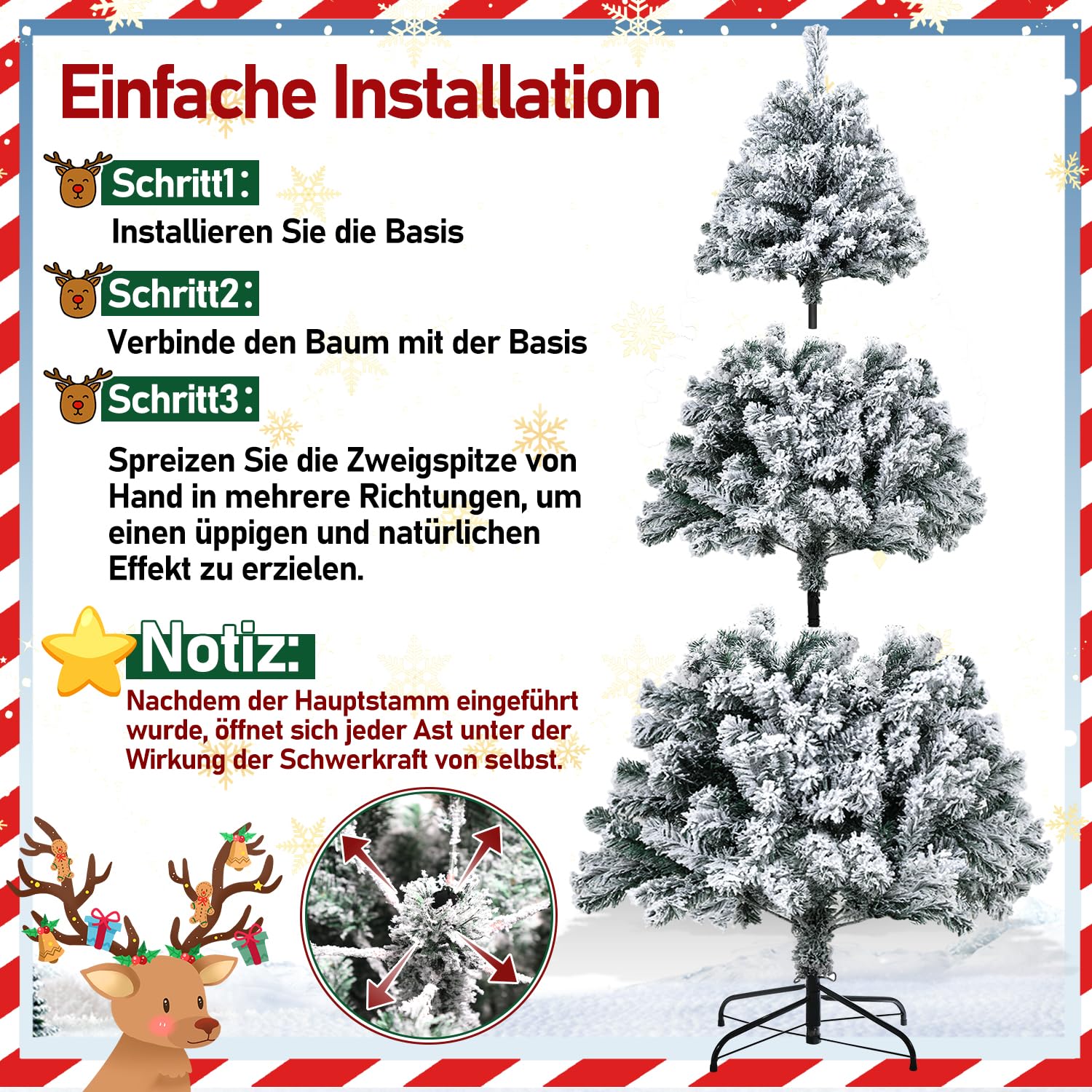 Jopassy Künstlicher Weihnachtsbaum 120/150/180 cm Schneebeflockt mit Metallständer