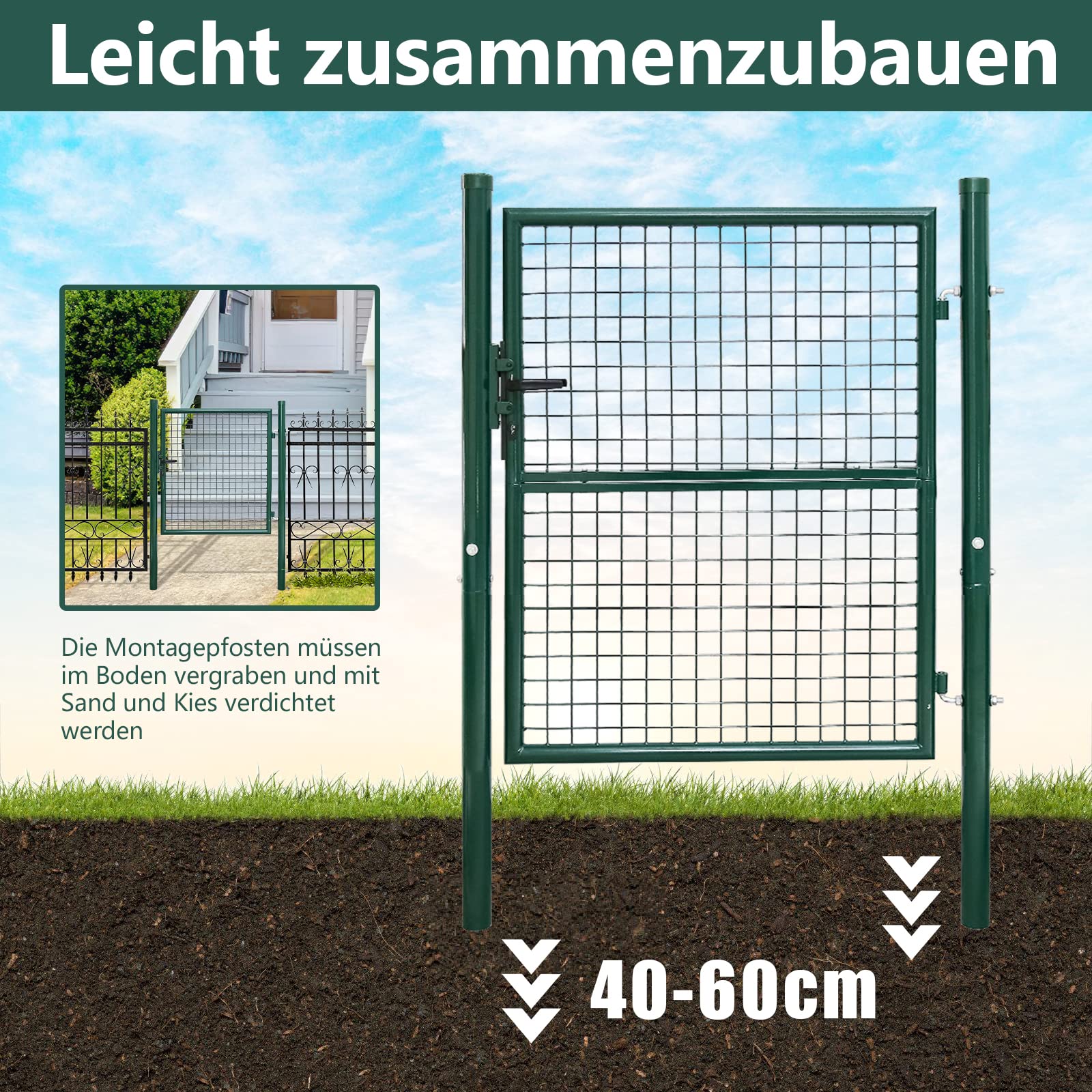 Jopassy Gartentor Metall Grün mit Schloss für Gartenzaun