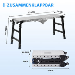 Jopassy Klappbare Arbeitsplattform 120 × 36 cm Höhenverstellbar 60–90 cm mit Rollen bis 500 kg
