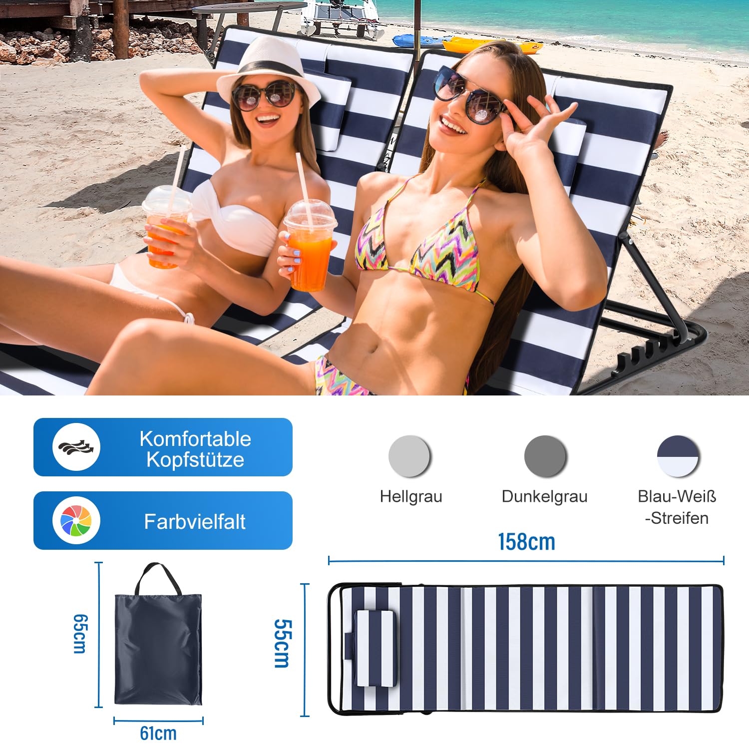 Jopassy Strandliege klappbar 158 cm mit Kissen und Tasche