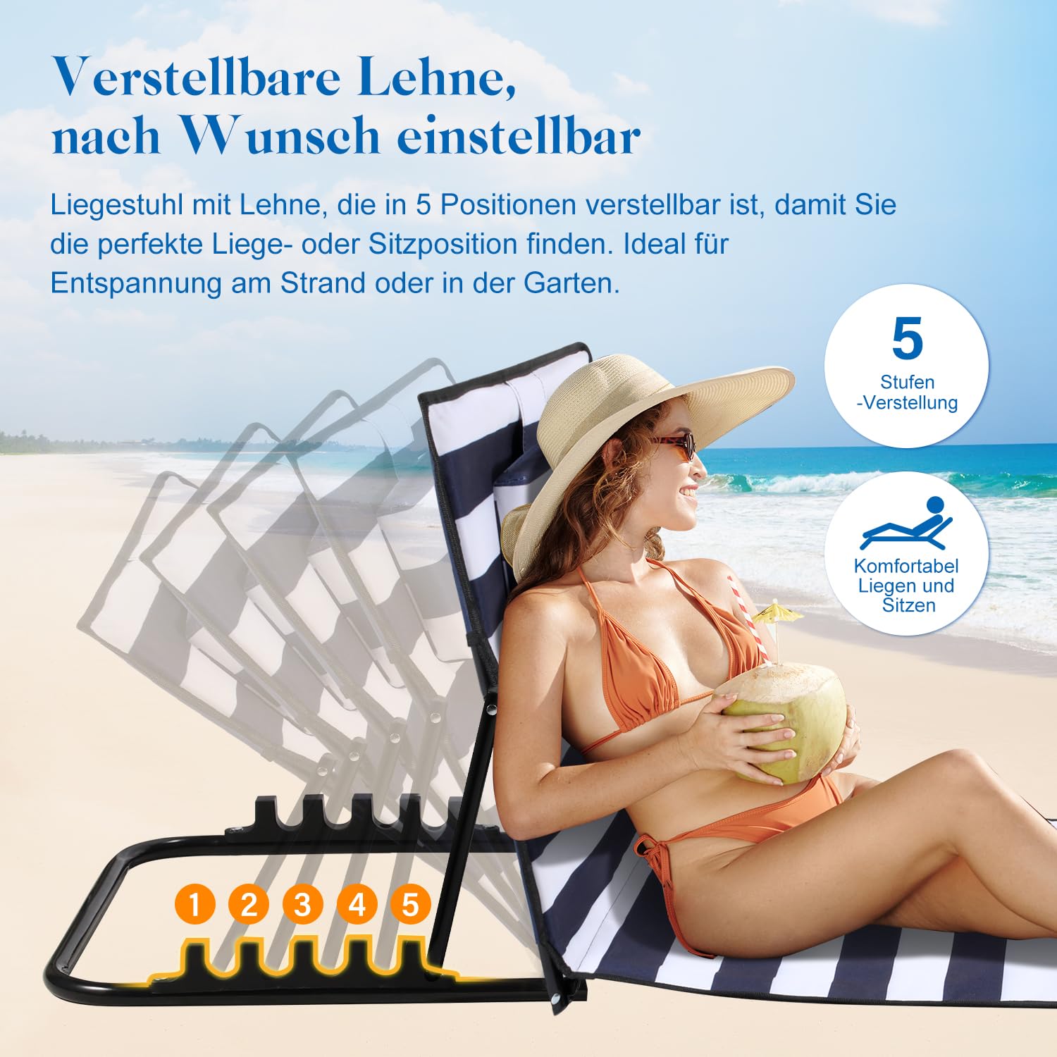 Jopassy Strandliege klappbar 158 cm mit Kissen und Tasche