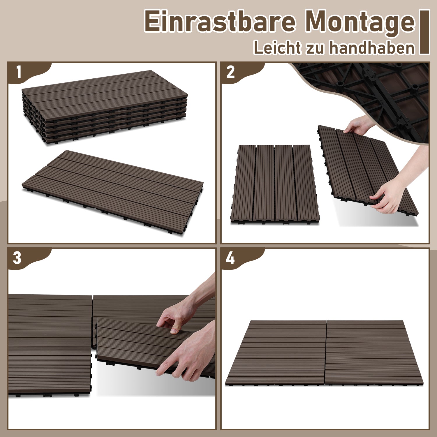 Jopassy WPC Terrassenfliesen 30x60 cm, Klickfliesen für Balkon & Garten, 1–5 m²