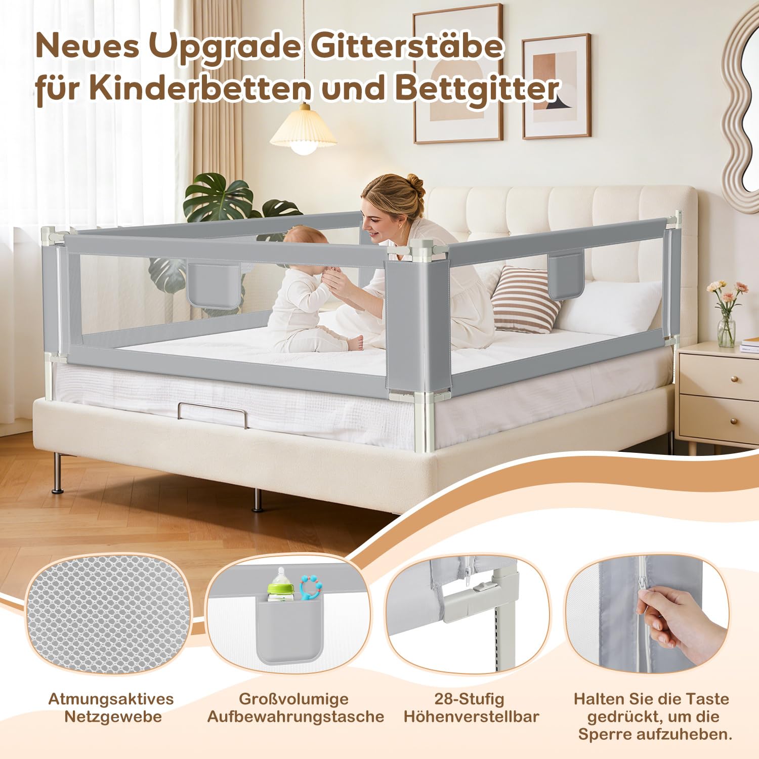 Jopassy Bettgitter Rausfallschutz 150/180/200cm mit Absenkfunktion für Kinderbett