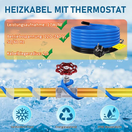 Jopassy Heizkabel mit Thermostat 2–18 m 17 W/m IP68 Frostschutz für Wasserleitung