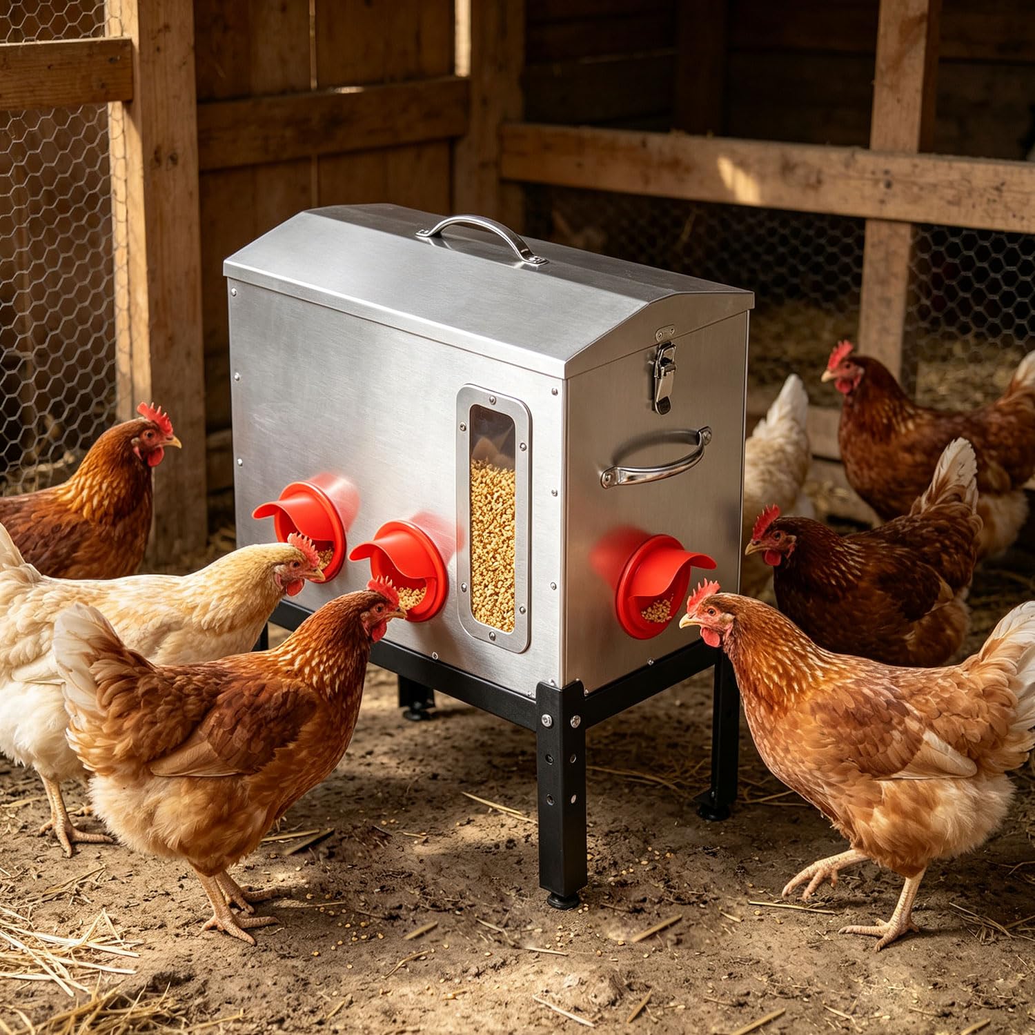 Jopassy Geflügelfutterautomat für 18–22,6 kg Futter mit 6/8 Fressöffnungen und Sichtfenster