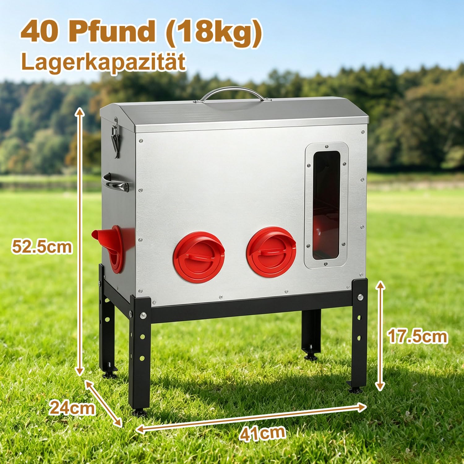 Jopassy Geflügelfutterautomat für 18–22,6 kg Futter mit 6/8 Fressöffnungen und Sichtfenster