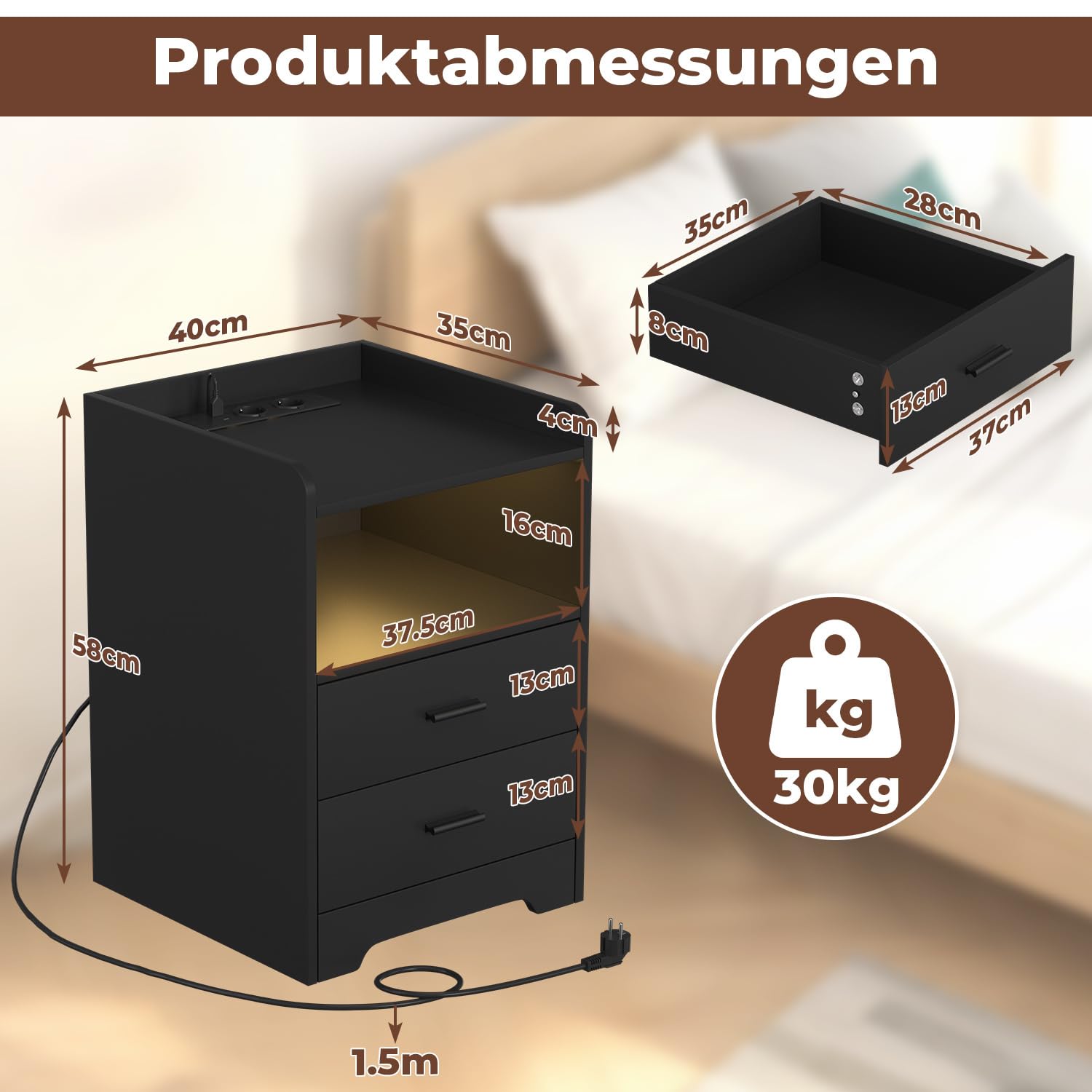 Jopassy Nachttisch mit LED Beleuchtung Ladestation und 2 Schubladen