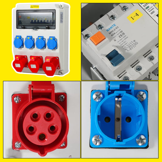 Jopassy Baustromverteiler 32A 400V mit FI Schutzschalter 2× CEE 16A 1× CEE 32A und 4× Schuko IP44