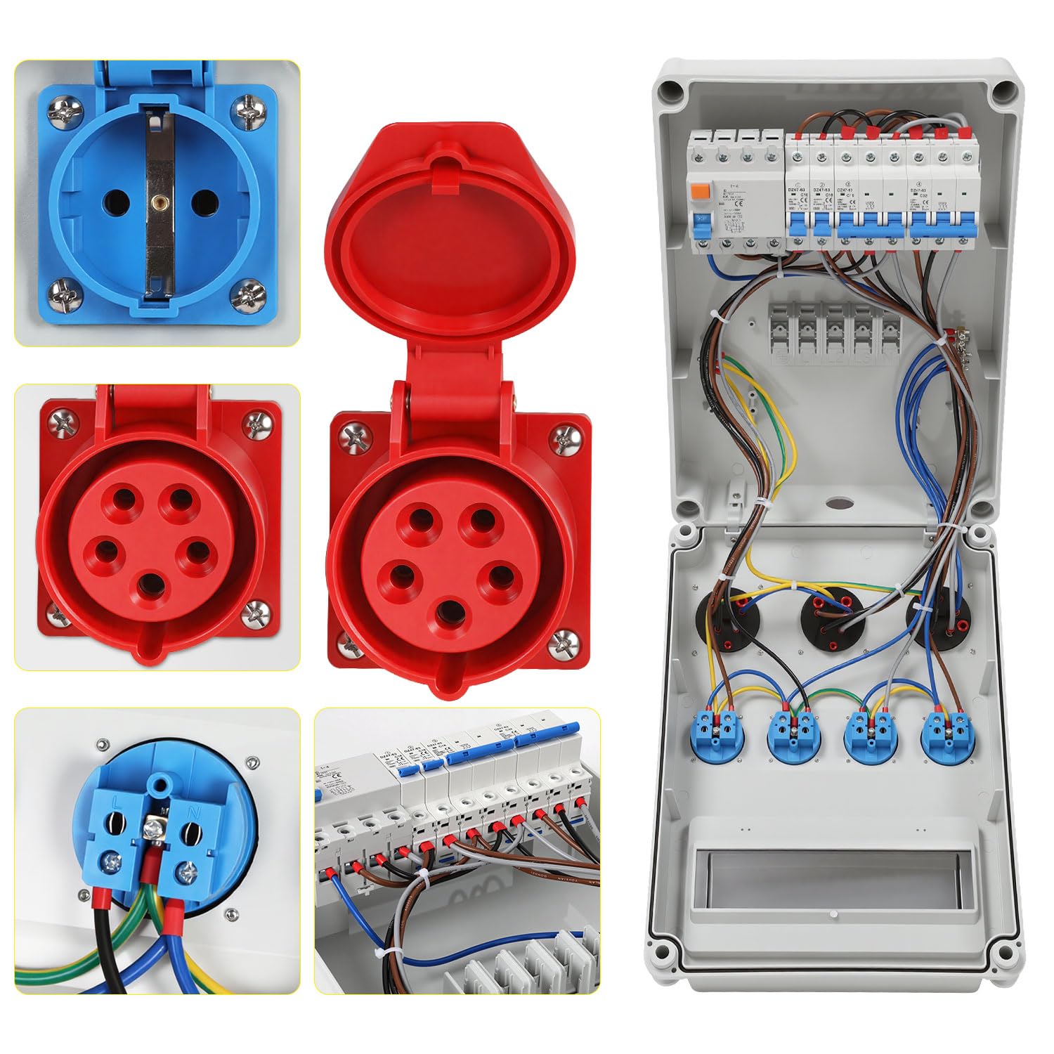 Jopassy Baustromverteiler 32A 400V mit FI Schutzschalter 2× CEE 16A 1× CEE 32A und 4× Schuko IP44