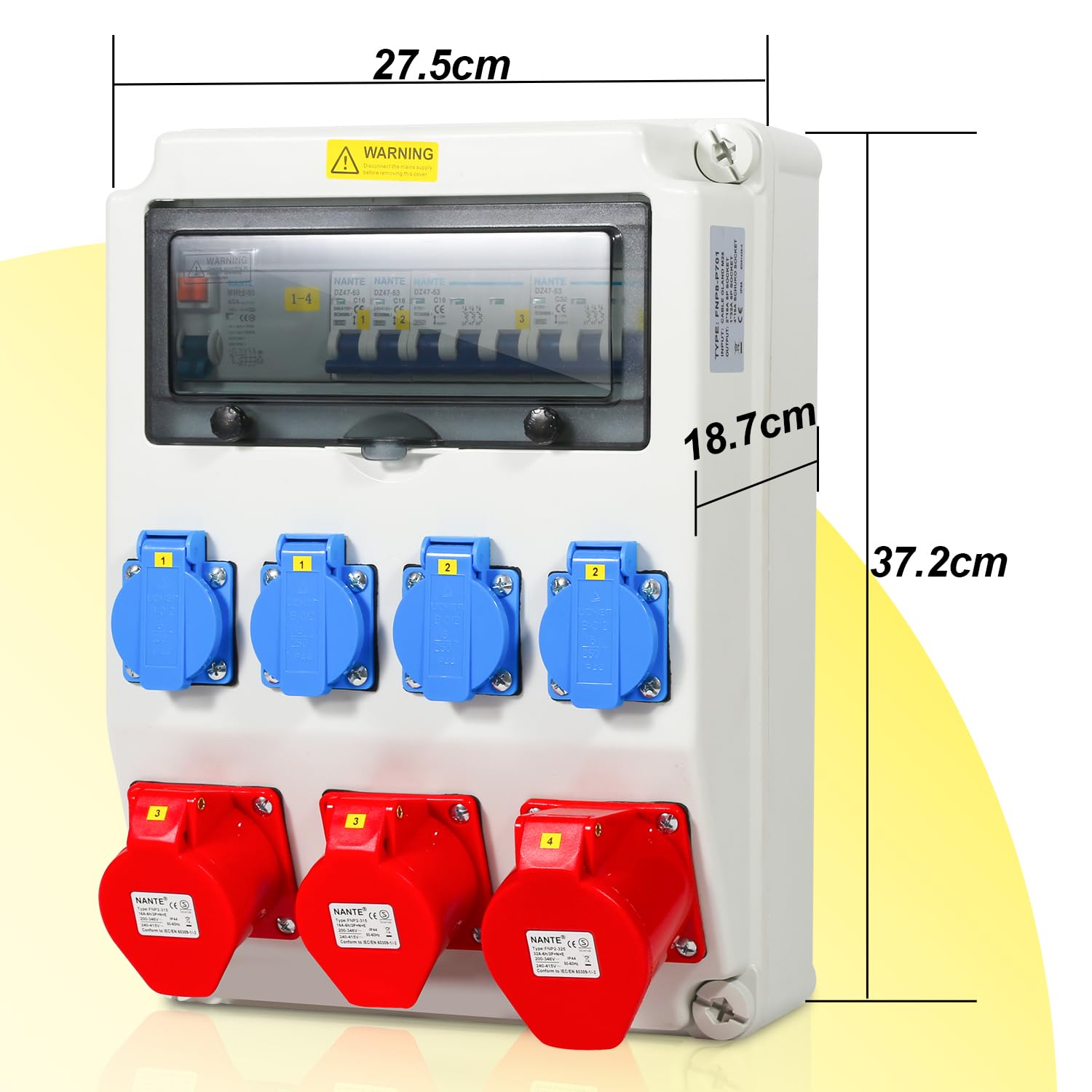 Jopassy Baustromverteiler 32A 400V mit FI Schutzschalter 2× CEE 16A 1× CEE 32A und 4× Schuko IP44