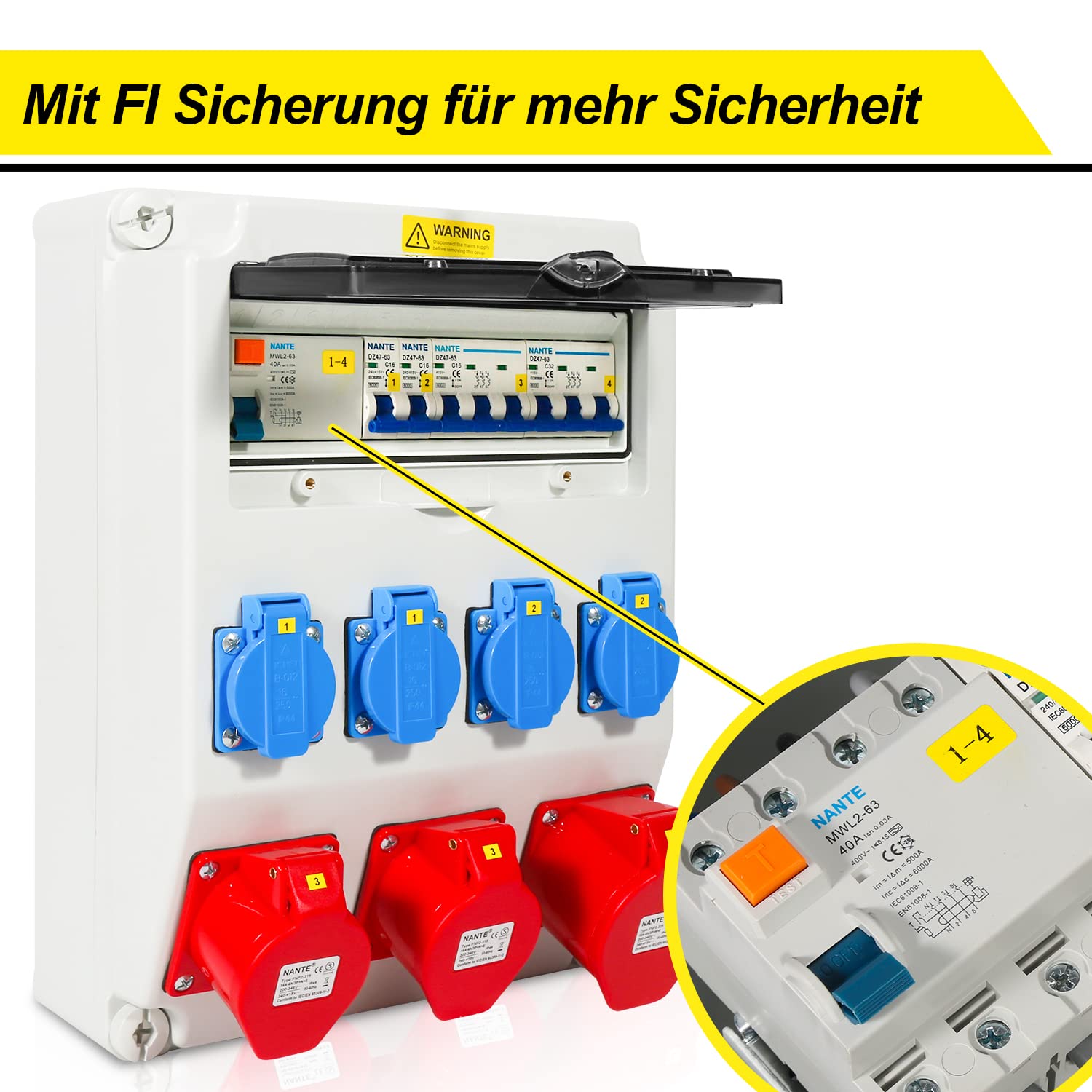 Jopassy Baustromverteiler 32A 400V mit FI Schutzschalter 2× CEE 16A 1× CEE 32A und 4× Schuko IP44