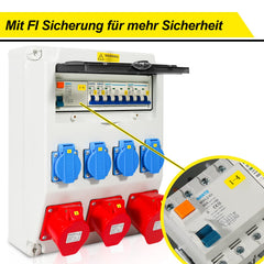 Jopassy Baustromverteiler 32A 400V mit FI Schutzschalter 2× CEE 16A 1× CEE 32A und 4× Schuko IP44