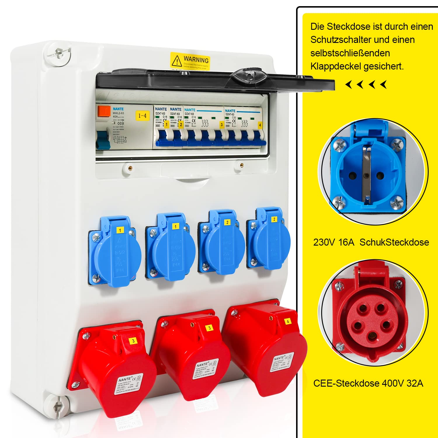 Jopassy Baustromverteiler 32A 400V mit FI Schutzschalter 2× CEE 16A 1× CEE 32A und 4× Schuko IP44