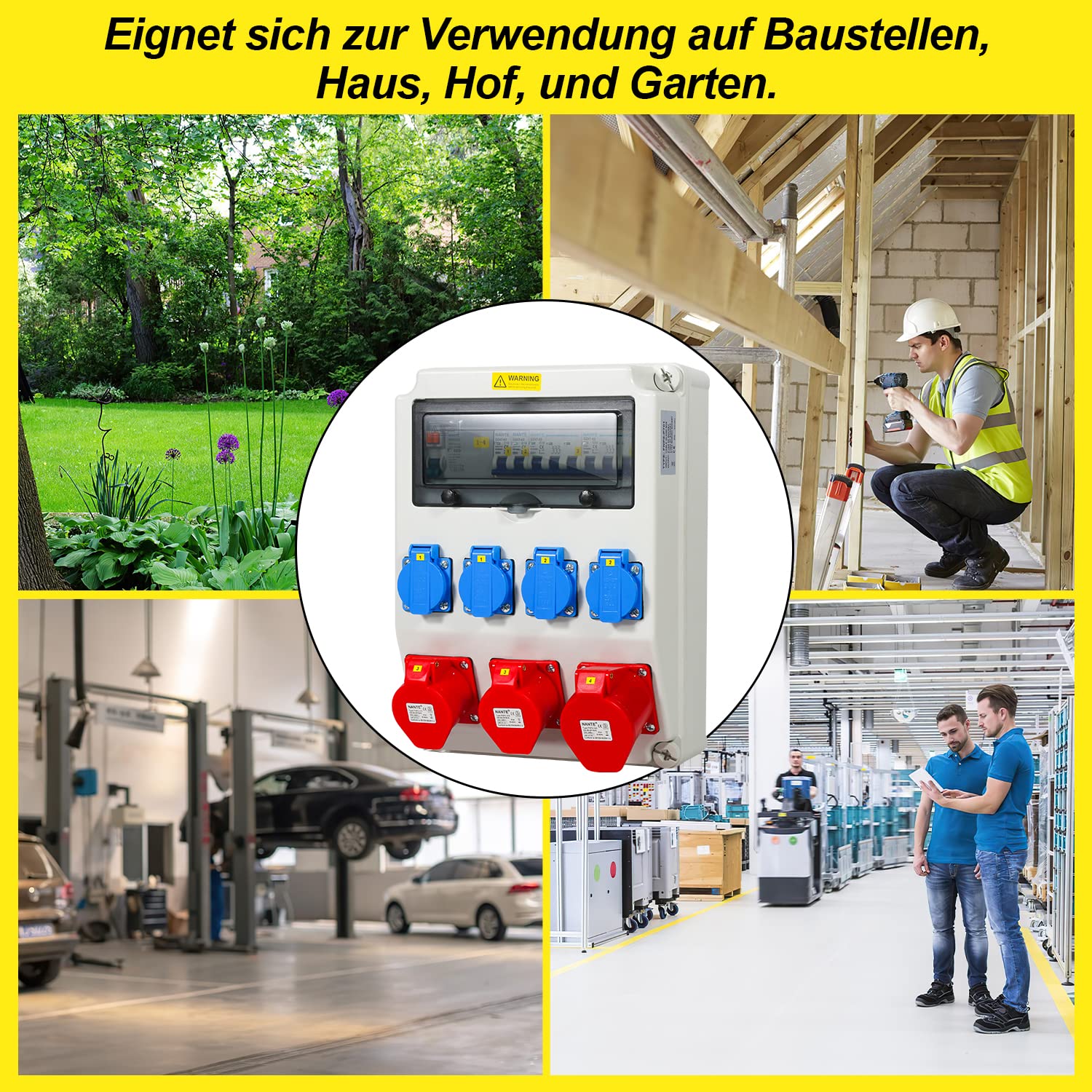 Jopassy Baustromverteiler 32A 400V mit FI Schutzschalter 2× CEE 16A 1× CEE 32A und 4× Schuko IP44