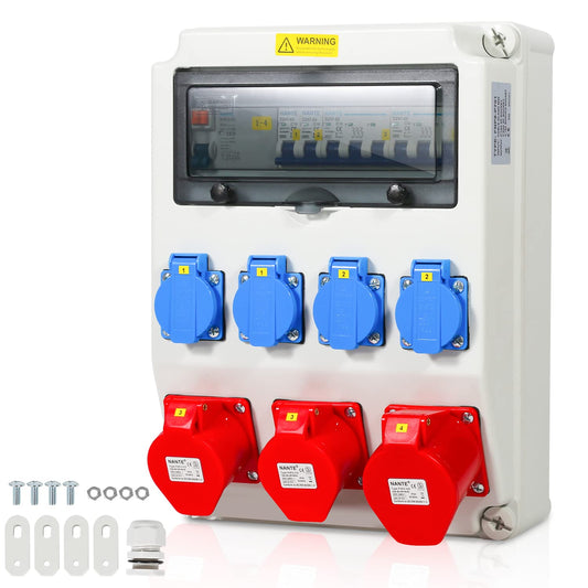 Jopassy Baustromverteiler 32A 400V mit FI Schutzschalter 2× CEE 16A 1× CEE 32A und 4× Schuko IP44