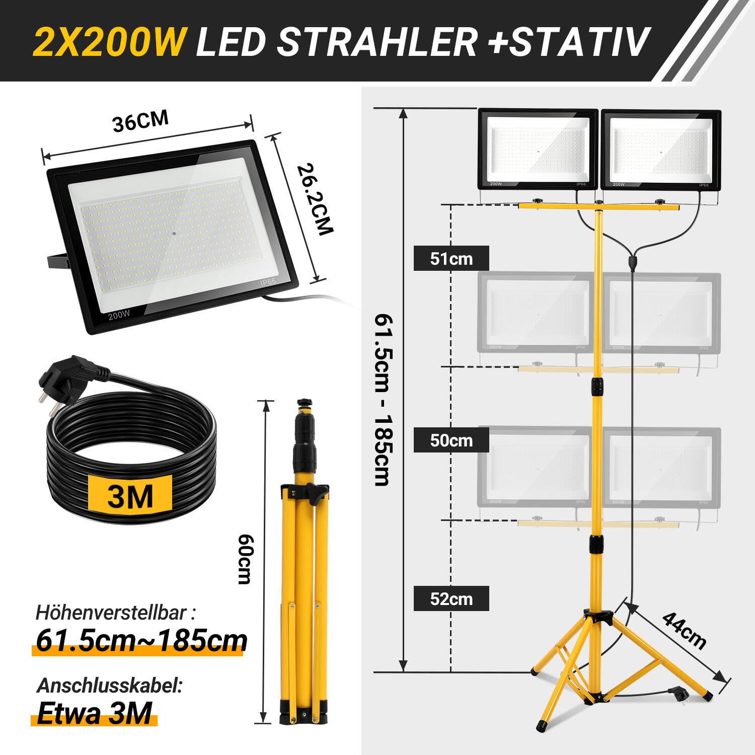 Jopassy LED Arbeitsleuchte mit Stativ 2×50/100/200W IP66 6500K für Baustelle und Werkstatt