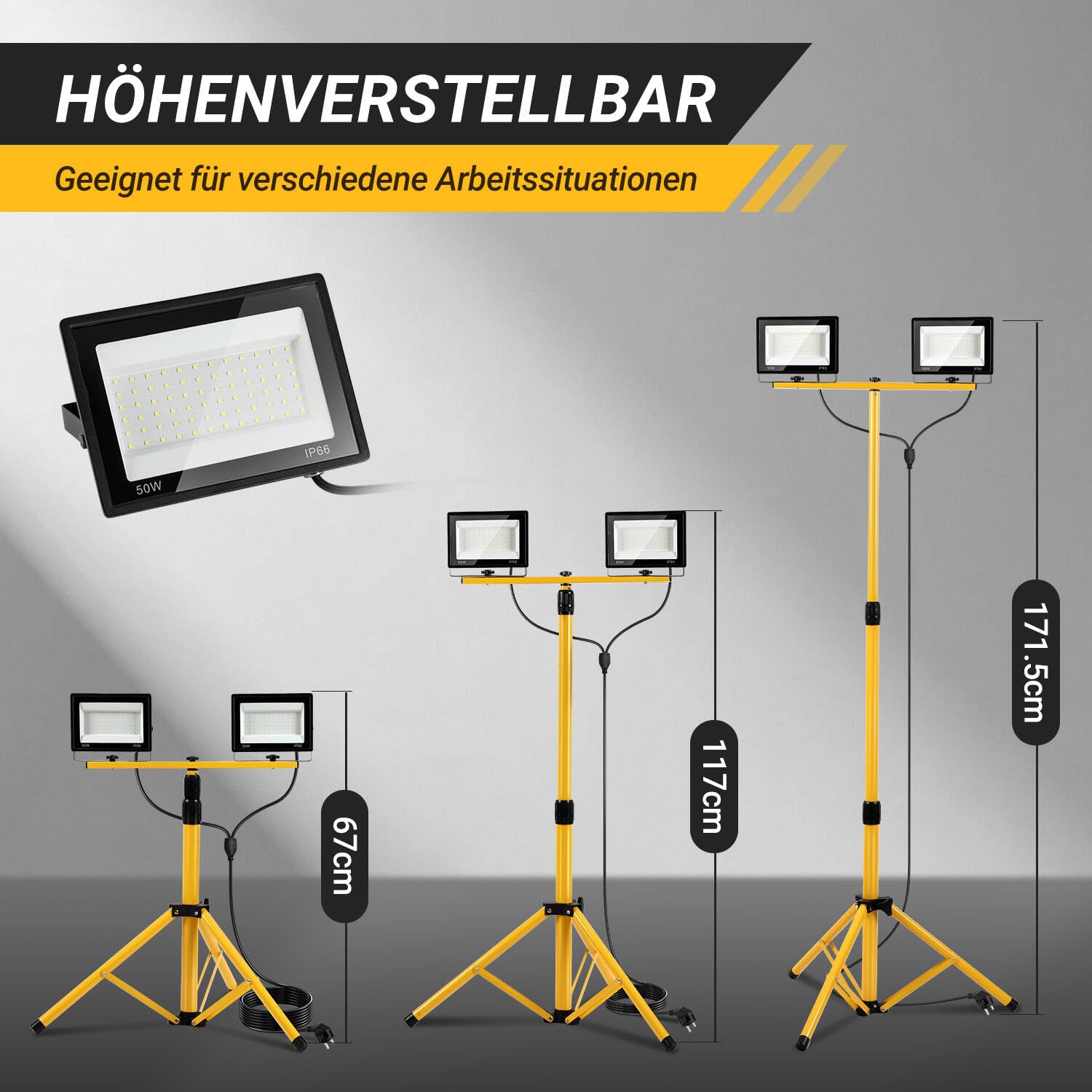 Jopassy LED Arbeitsleuchte mit Stativ 2×50/100/200W IP66 6500K für Baustelle und Werkstatt