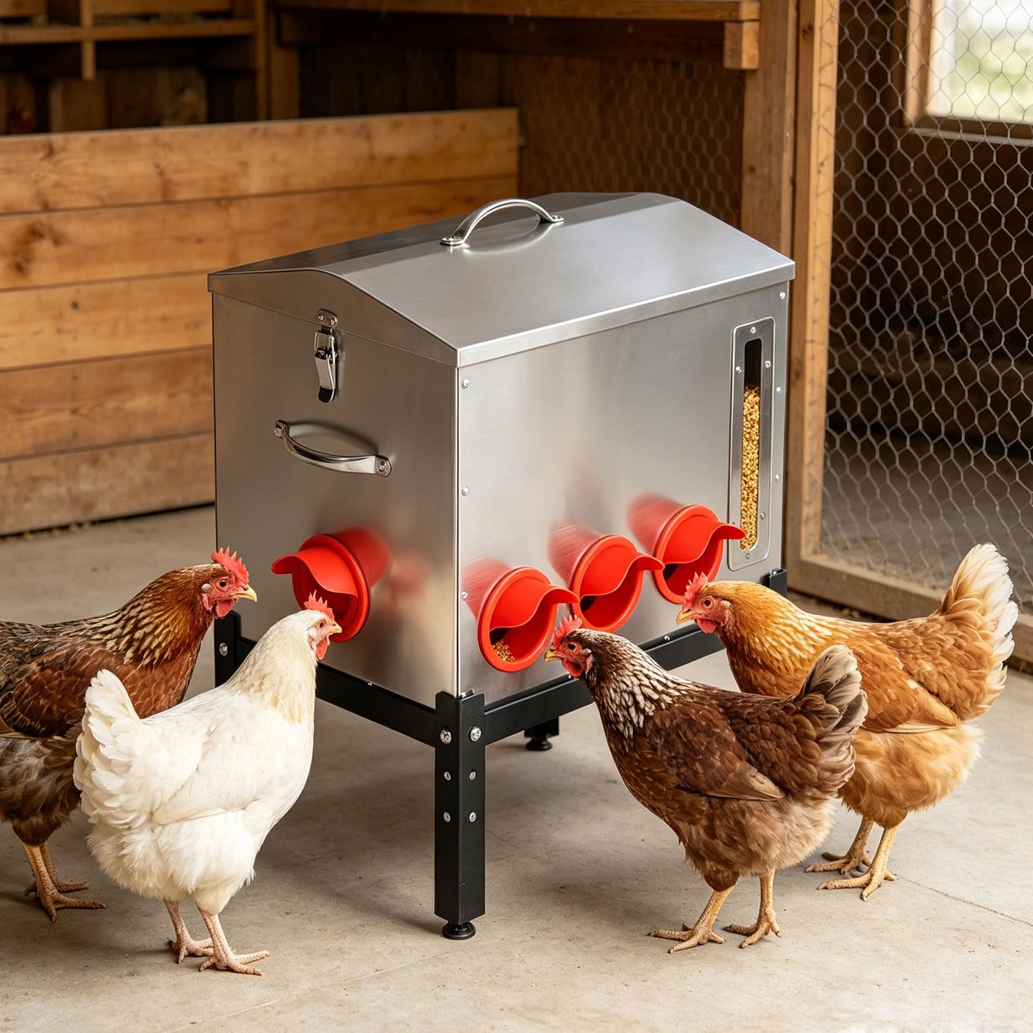 Jopassy Geflügelfutterautomat für 18–22,6 kg Futter mit 6/8 Fressöffnungen und Sichtfenster