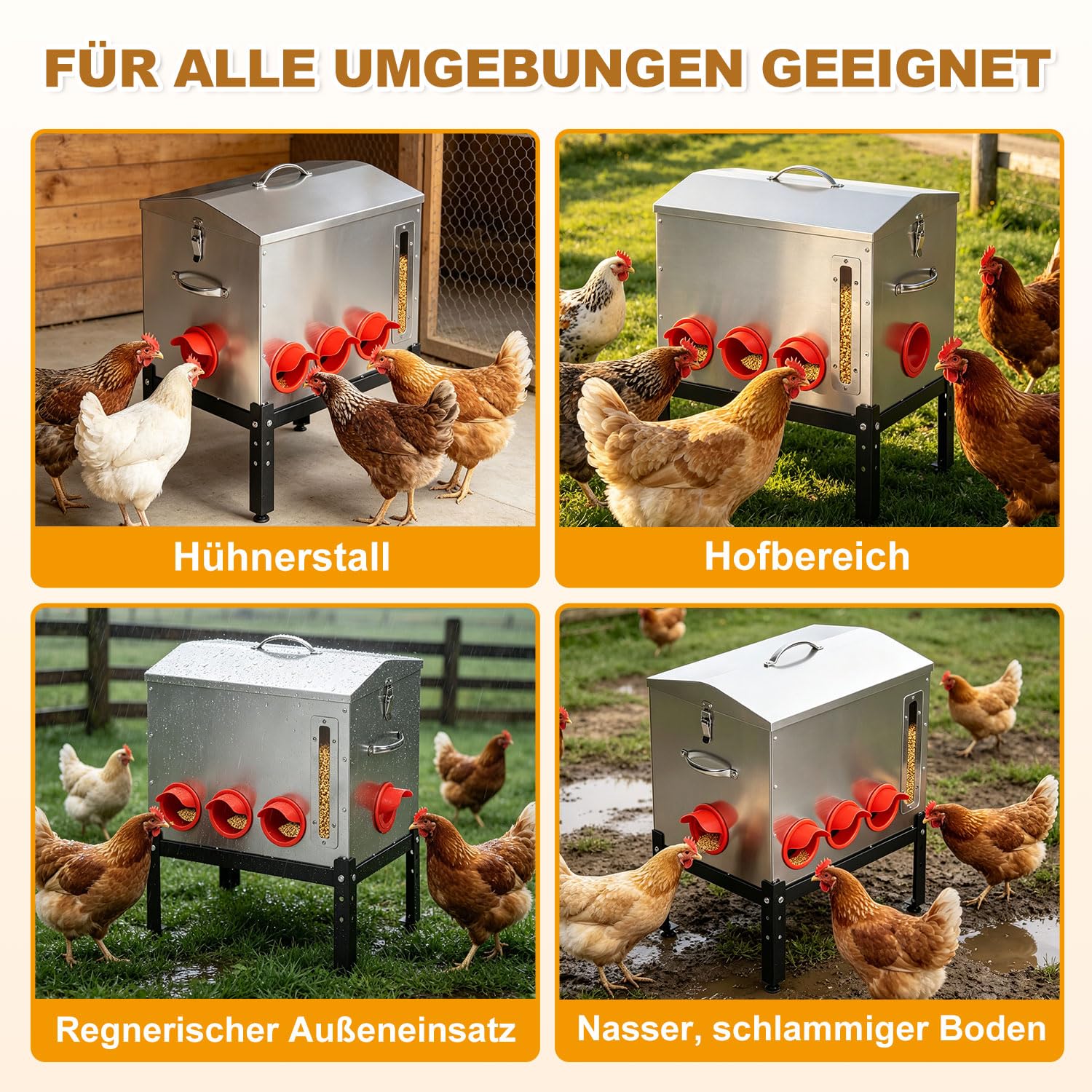 Jopassy Geflügelfutterautomat für 18–22,6 kg Futter mit 6/8 Fressöffnungen und Sichtfenster