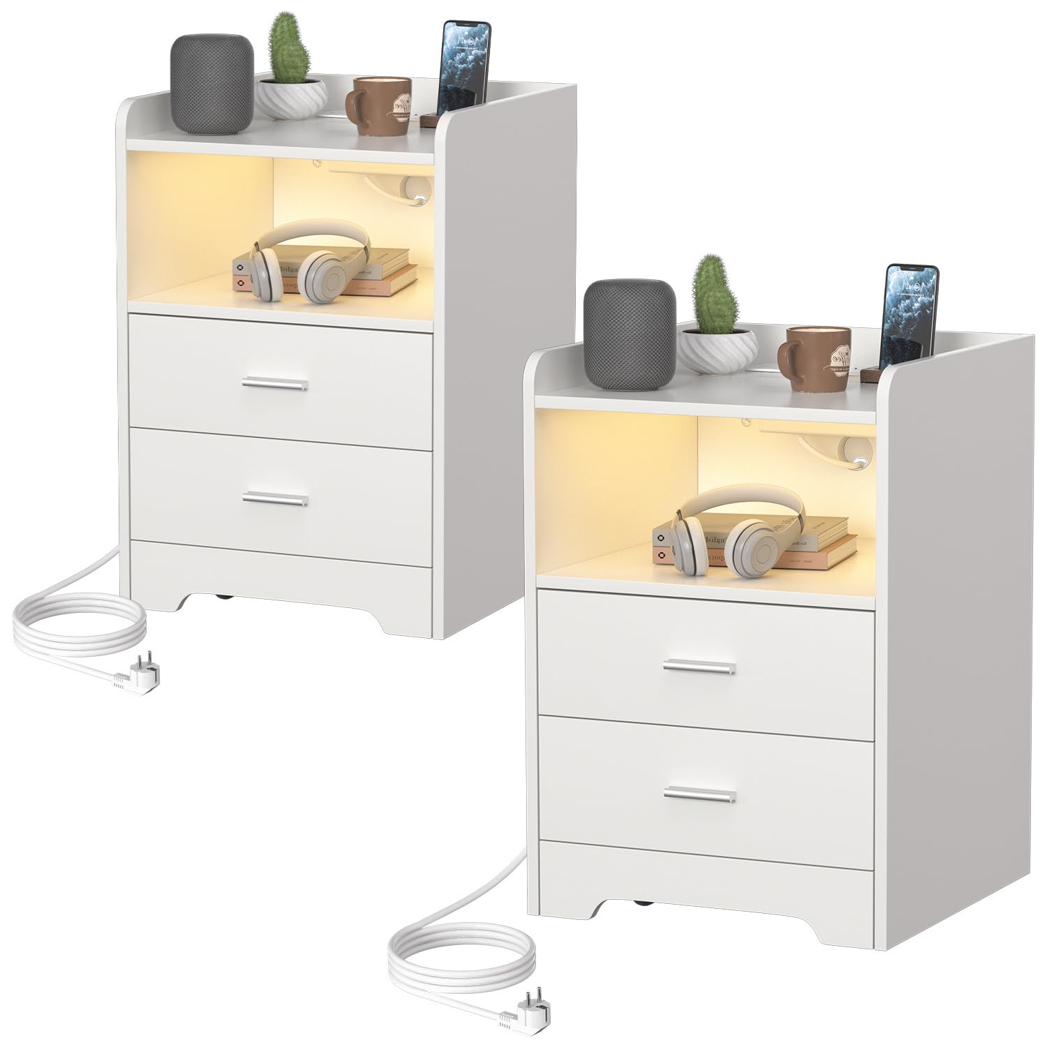 Jopassy Nachttisch mit LED Beleuchtung Ladestation und 2 Schubladen