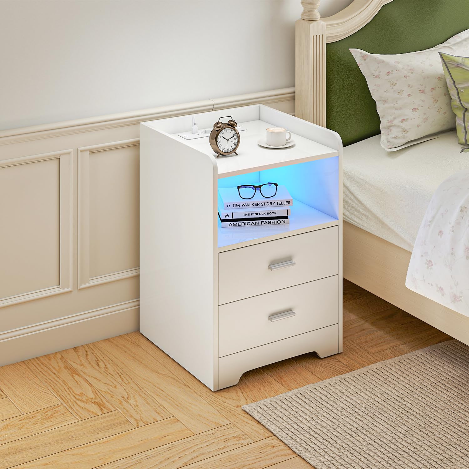 Jopassy Nachttisch mit LED Beleuchtung Ladestation und 2 Schubladen
