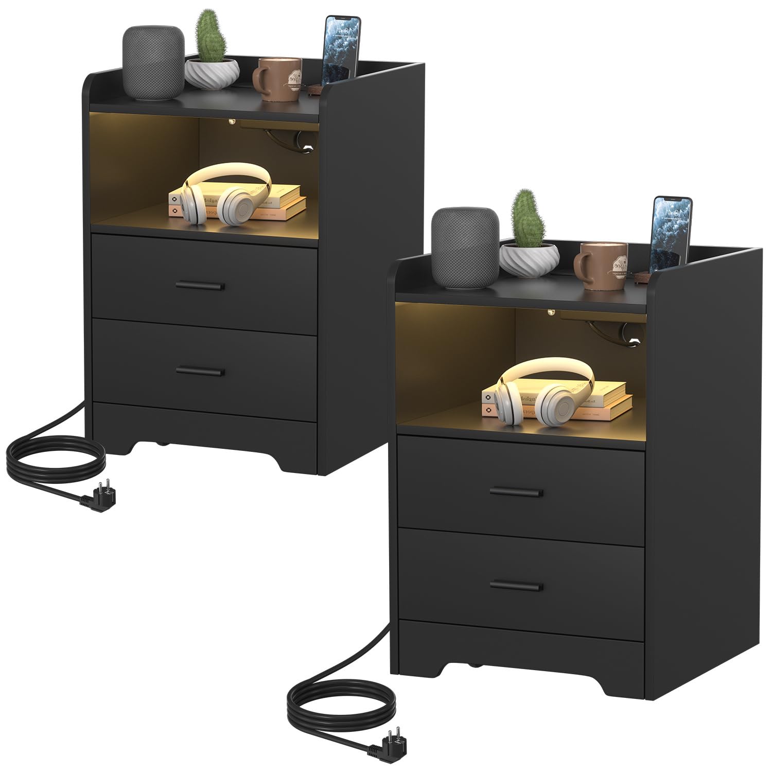 Jopassy Nachttisch mit LED Beleuchtung Ladestation und 2 Schubladen