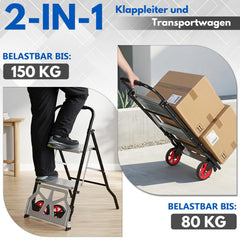 Jopassy 2 in 1 Sackkarre mit Trittleiter 2/3 Stufen Klappbar aus Stahl bis 150 kg