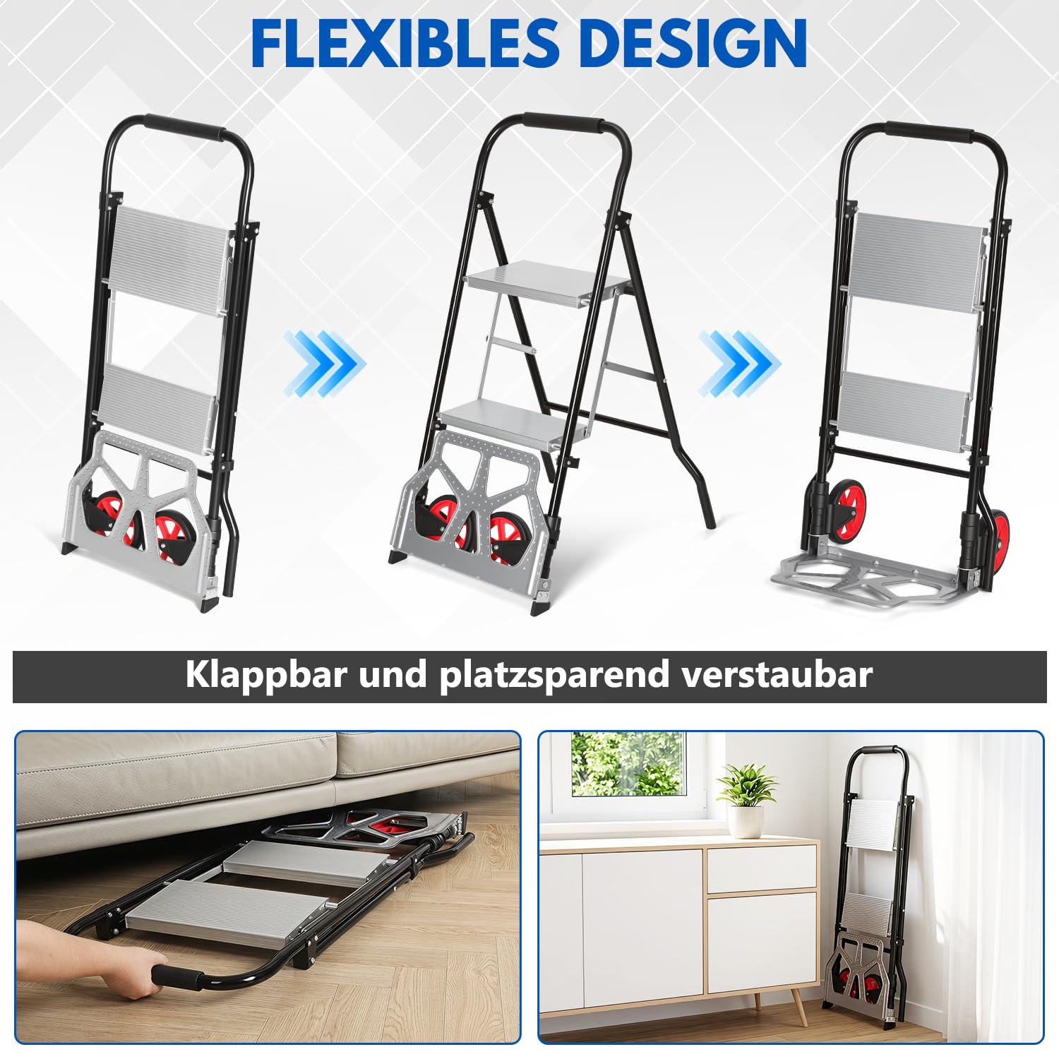 Jopassy 2 in 1 Sackkarre mit Trittleiter 2/3 Stufen Klappbar aus Stahl bis 150 kg