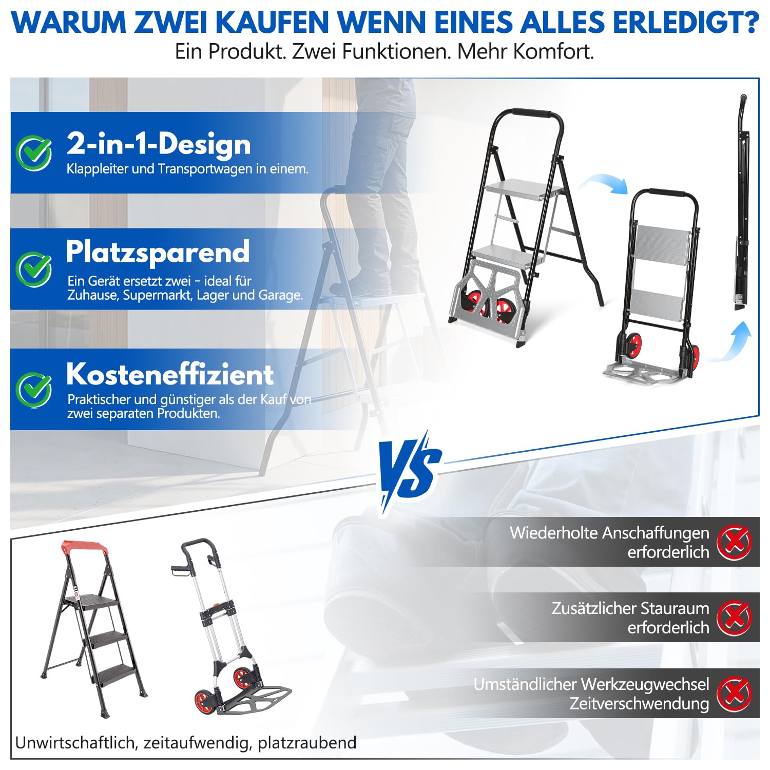 Jopassy 2 in 1 Sackkarre mit Trittleiter 2/3 Stufen Klappbar aus Stahl bis 150 kg