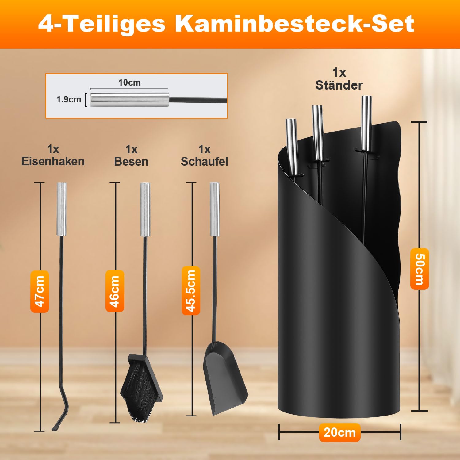 Jopassy Kaminbesteck 4-teilig mit Ständer Besen Schaufel und Schürhaken