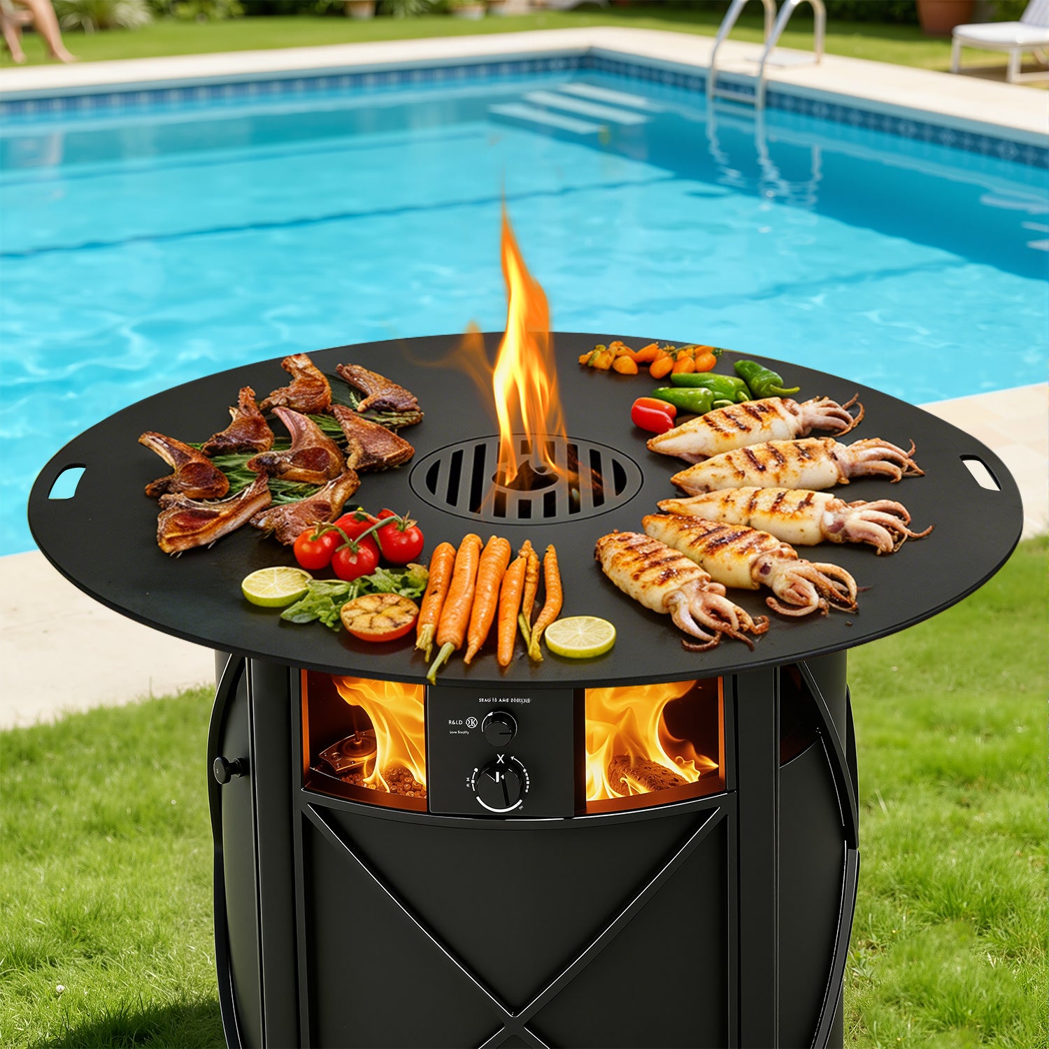 Jopassy Feuerplatte 80 cm aus 5 mm Carbonstahl mit herausnehmbarem Grilleinsatz
