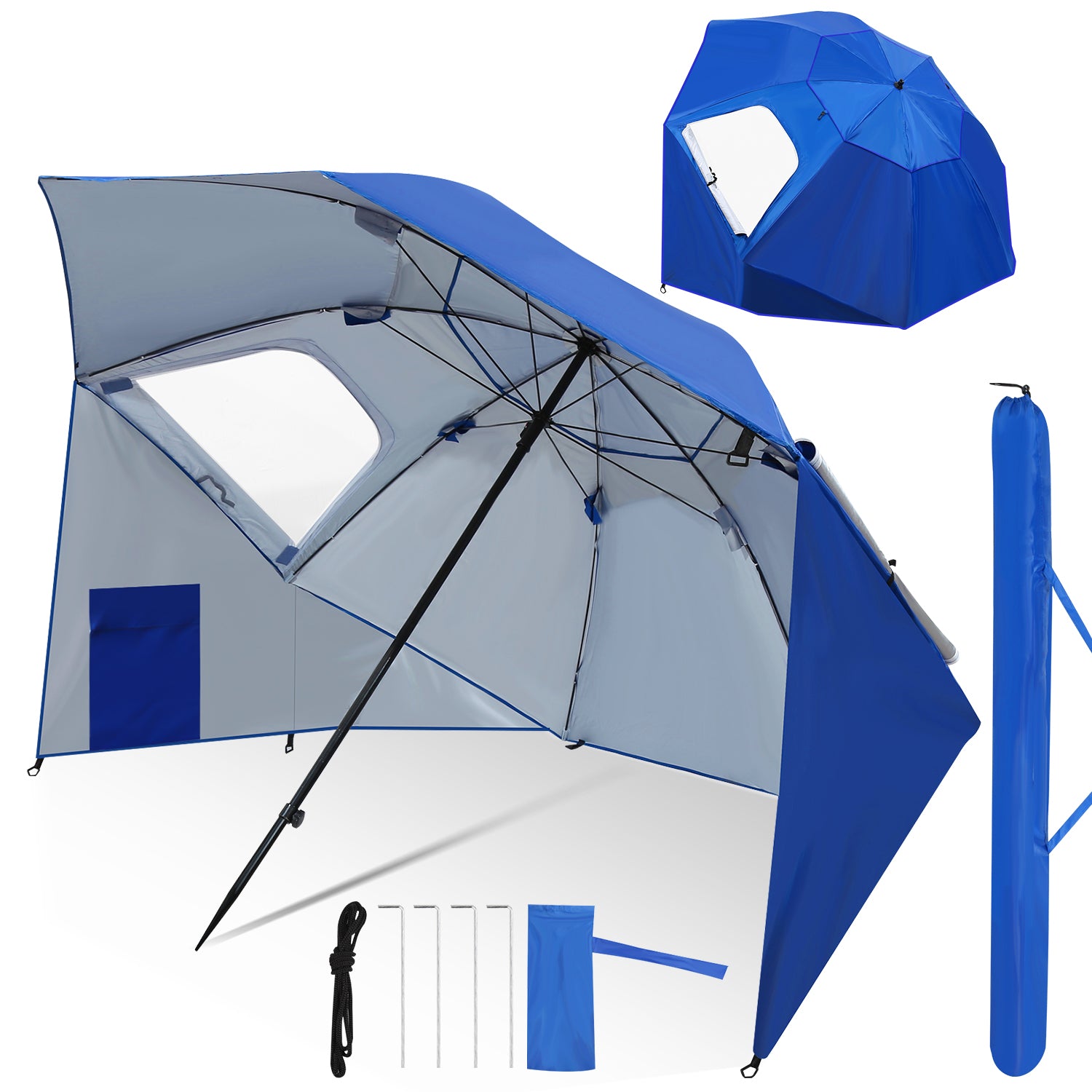 Jopassy Strandmuschel Ø210×220 cm, Sonnenschirm UV50+, 2-in-1 Alu Strandschirm mit Windschutz, faltbar & leicht