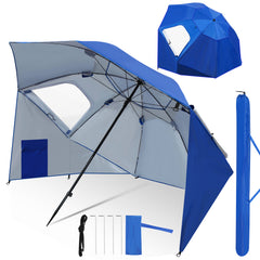 Jopassy Strandmuschel Ø210×220 cm, Sonnenschirm UV50+, 2-in-1 Alu Strandschirm mit Windschutz, faltbar & leicht