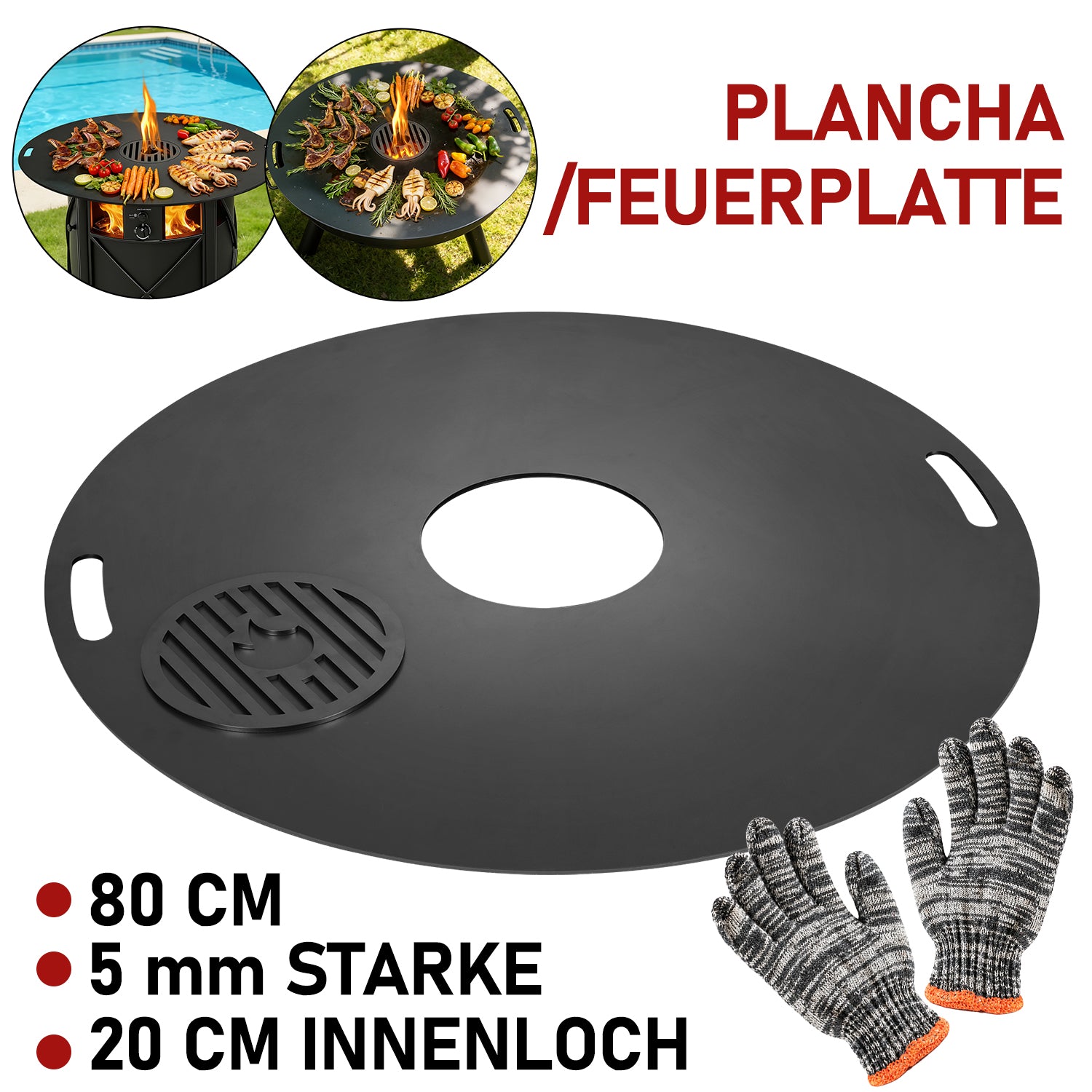 Jopassy Feuerplatte 80 cm aus 5 mm Carbonstahl mit herausnehmbarem Grilleinsatz