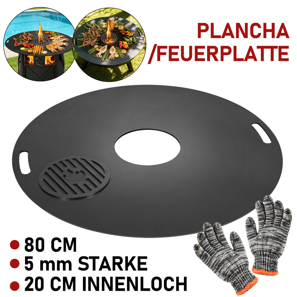 Jopassy Feuerplatte 80 cm aus 5 mm Carbonstahl mit herausnehmbarem Grilleinsatz