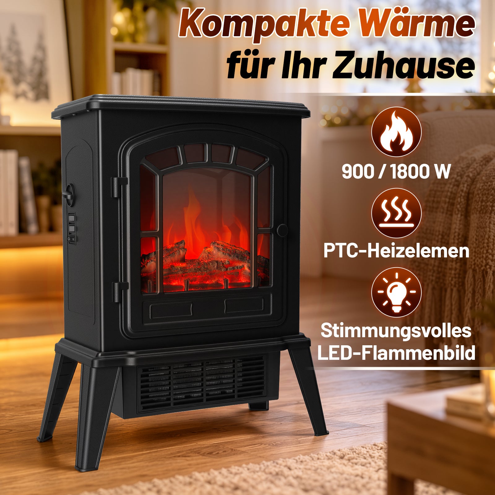 Jopassy Elektrokamin freistehend 1800W mit LED-Flammeneffekt und 2 Heizstufen