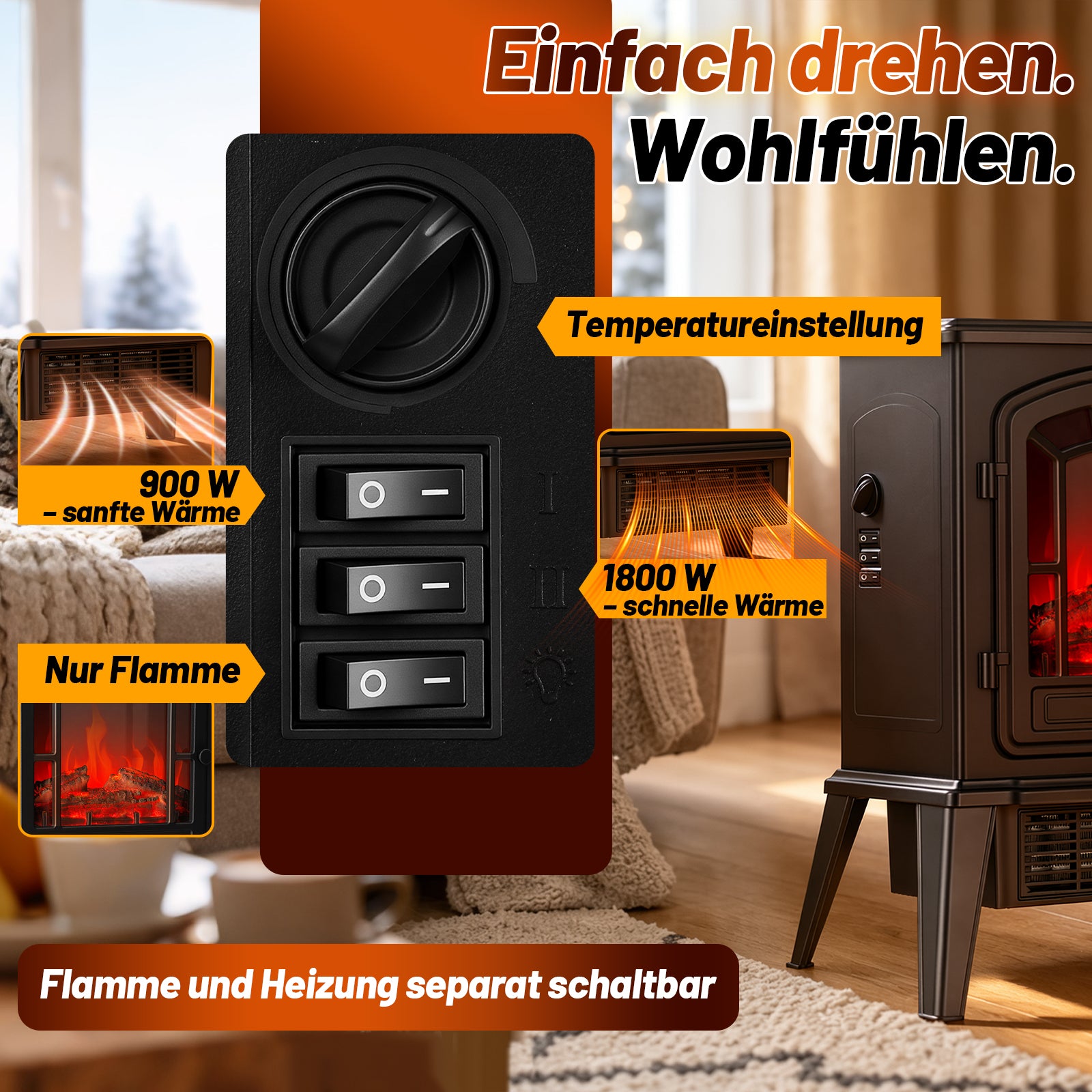 Jopassy Elektrokamin freistehend 1800W mit LED-Flammeneffekt und 2 Heizstufen