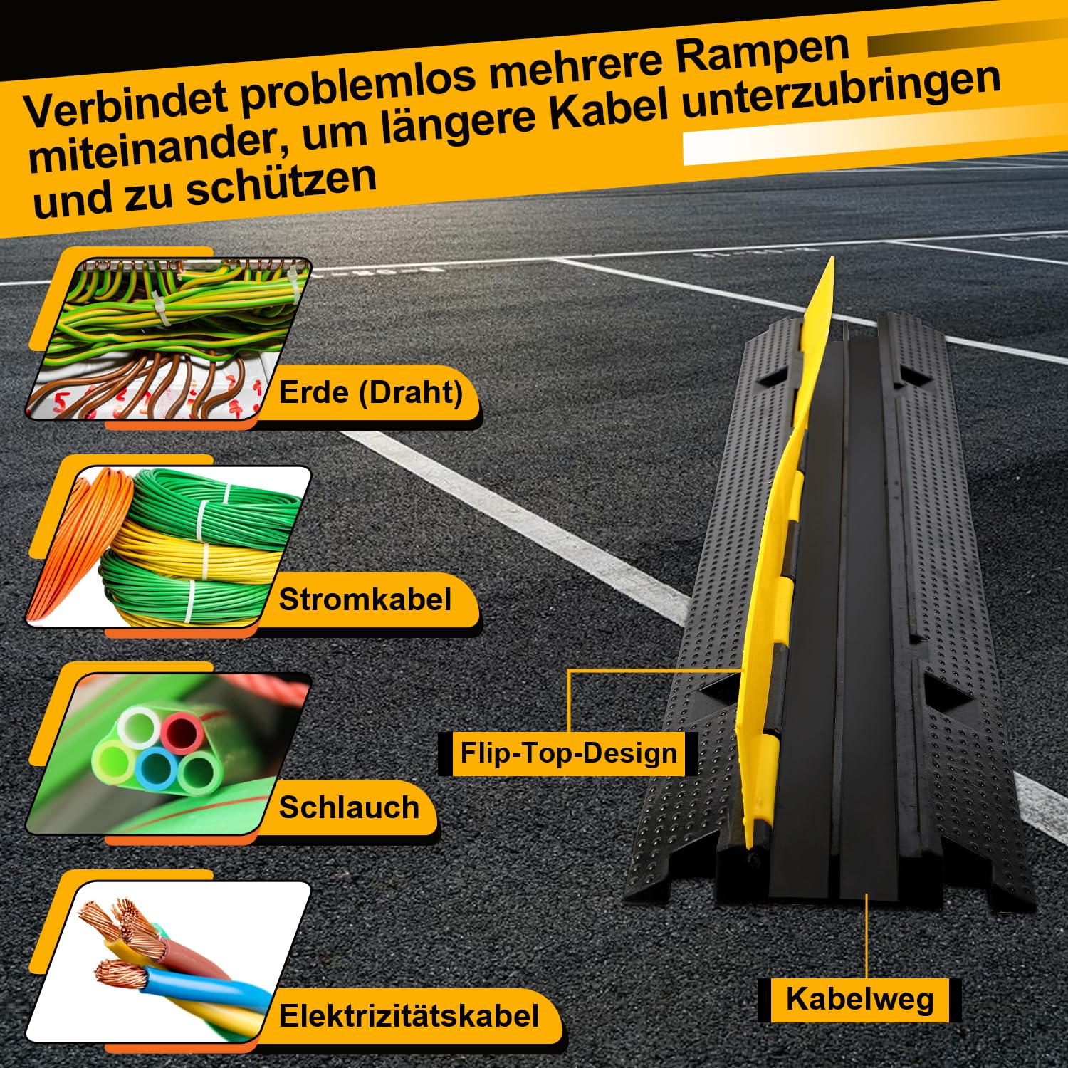 Jopassy Kabelbrücke 101 x 25 x 5 cm Gummi Kabelschutz für Parkplatz Baustelle