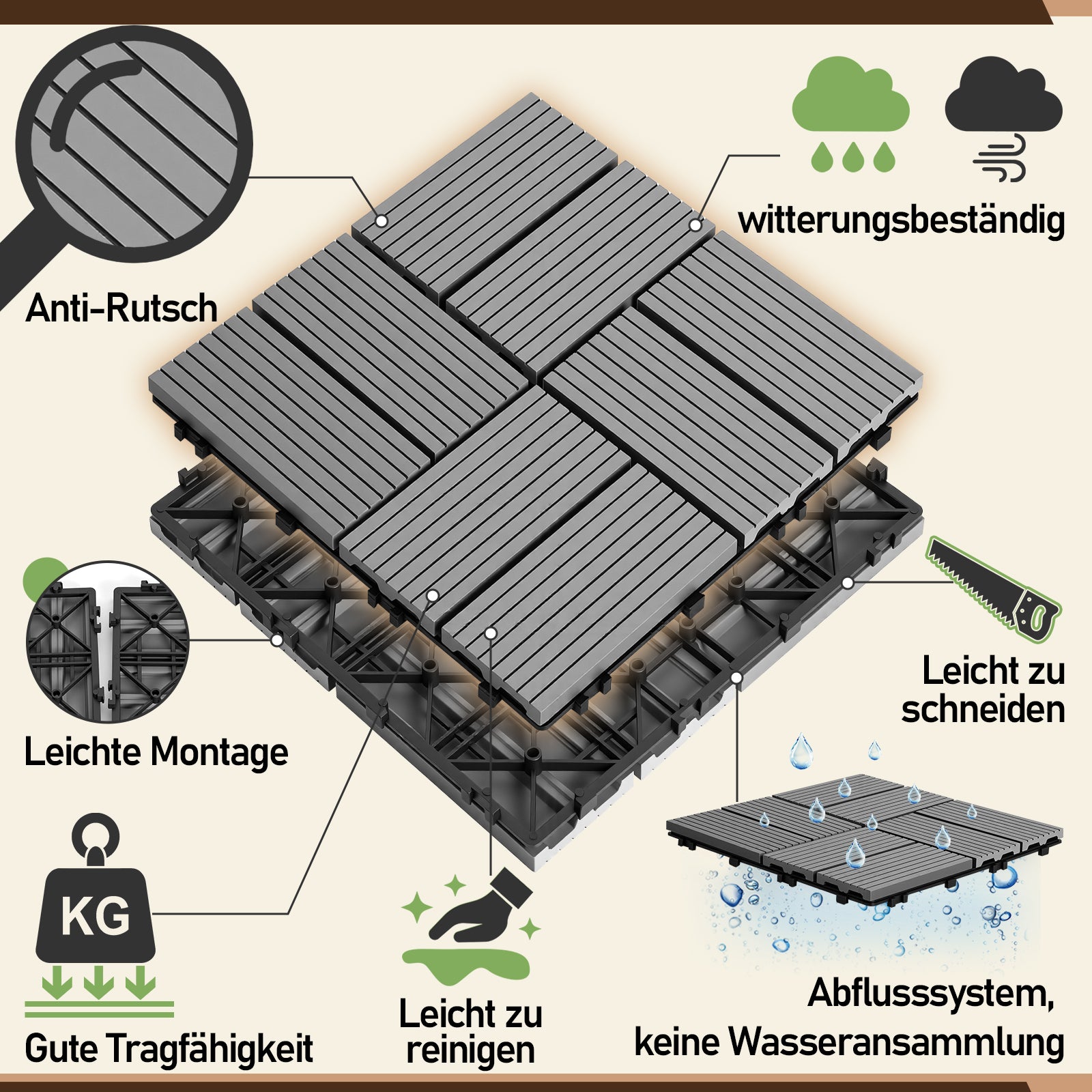 Jopassy PP Terrassenfliesen 30 x 30 cm für Balkon und Pool