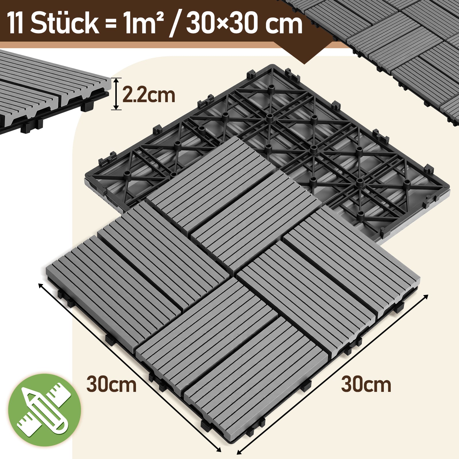 Jopassy PP Terrassenfliesen 30 x 30 cm für Balkon und Pool