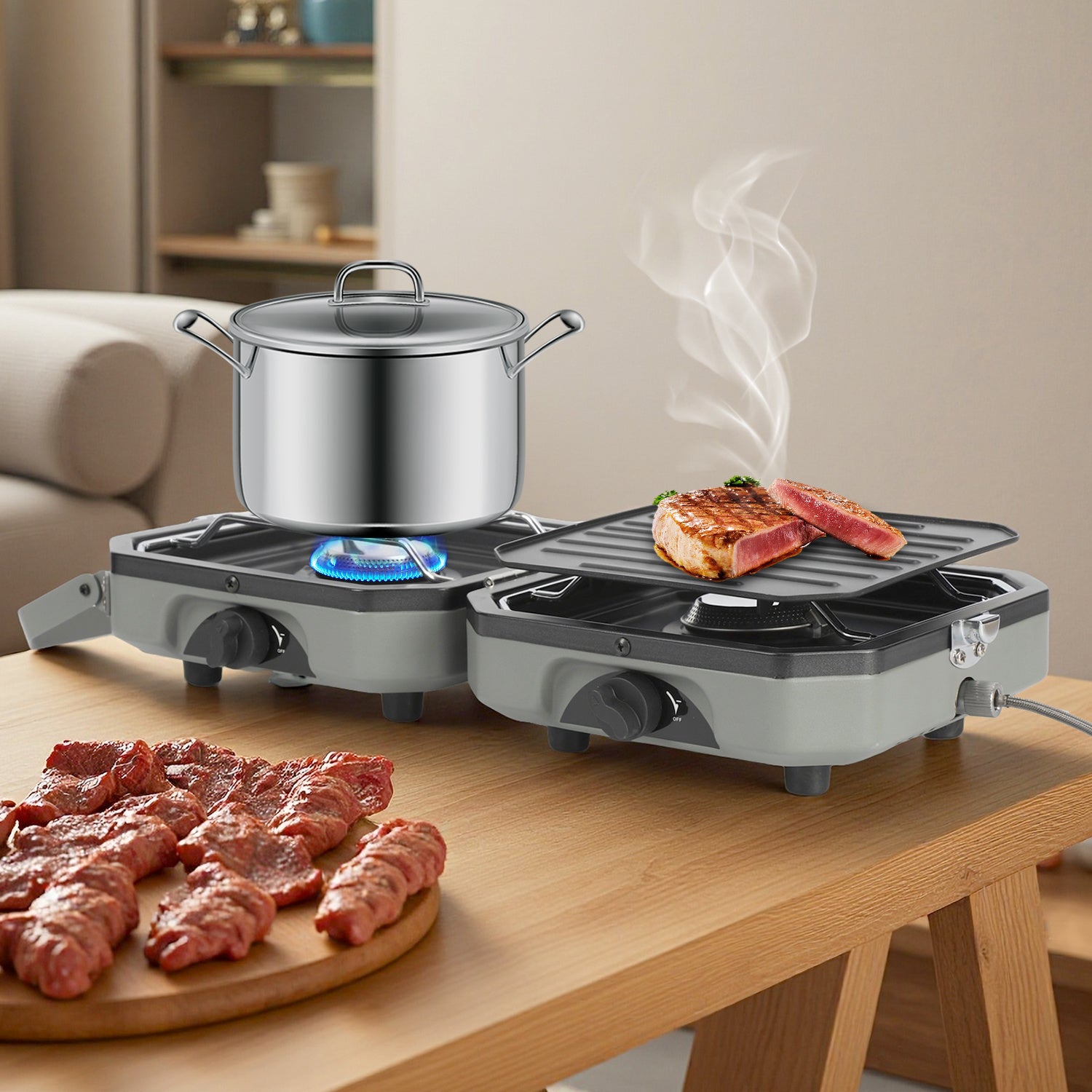 Jopassy Campingkocher 2 flammig mit Grillplatte und Gasschlauch