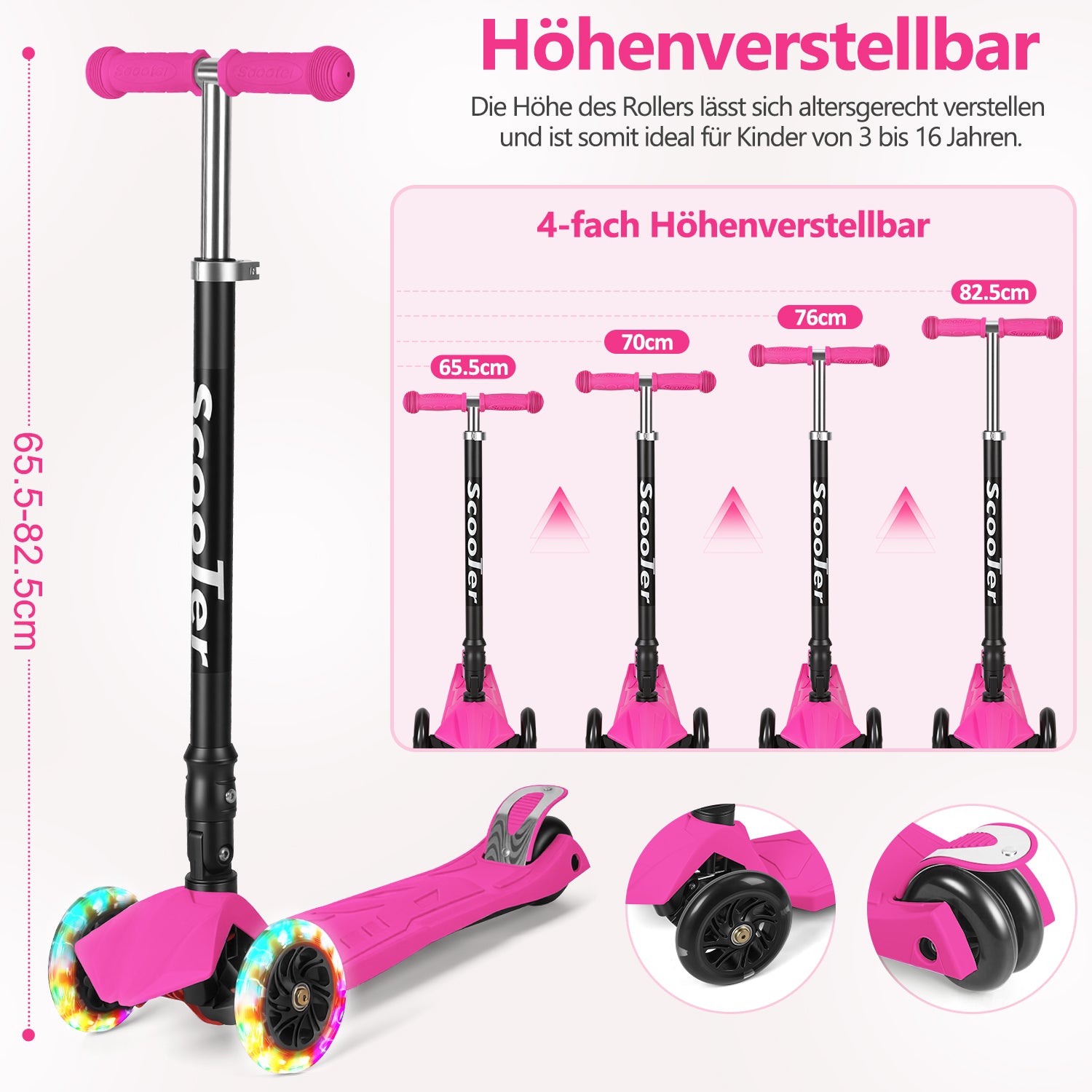 Jopassy Kinderroller mit LED Rädern klappbar 65-82 cm höhenverstellbar