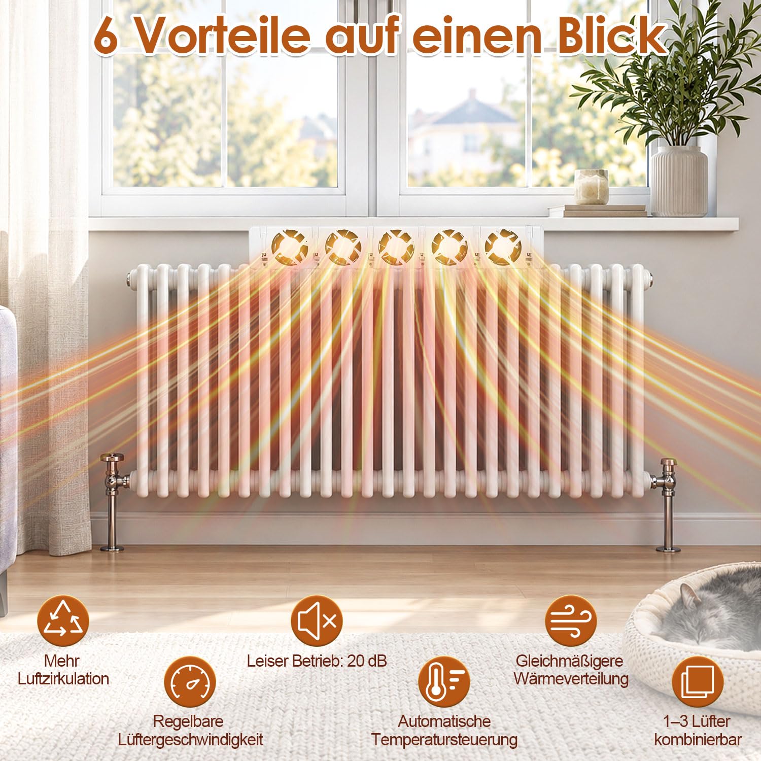 Jopassy Heizkörperventilator 3/5 Lüfter mit Temperatursensor 5 Stufen für Warmwasser Heizkörper
