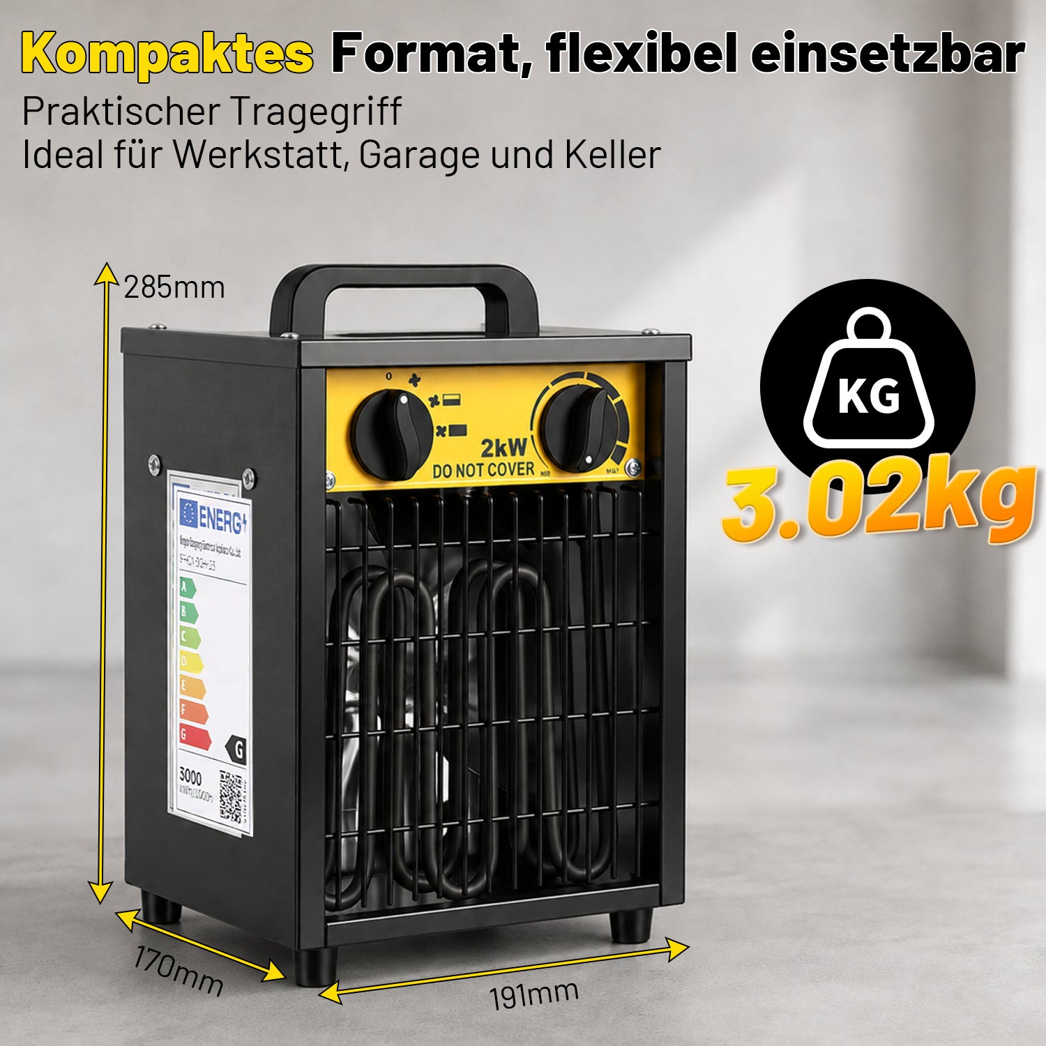 Jopassy Heizlüfter 2000/3000W Bauheizer mit Thermostat Kippschutz für 30 m²