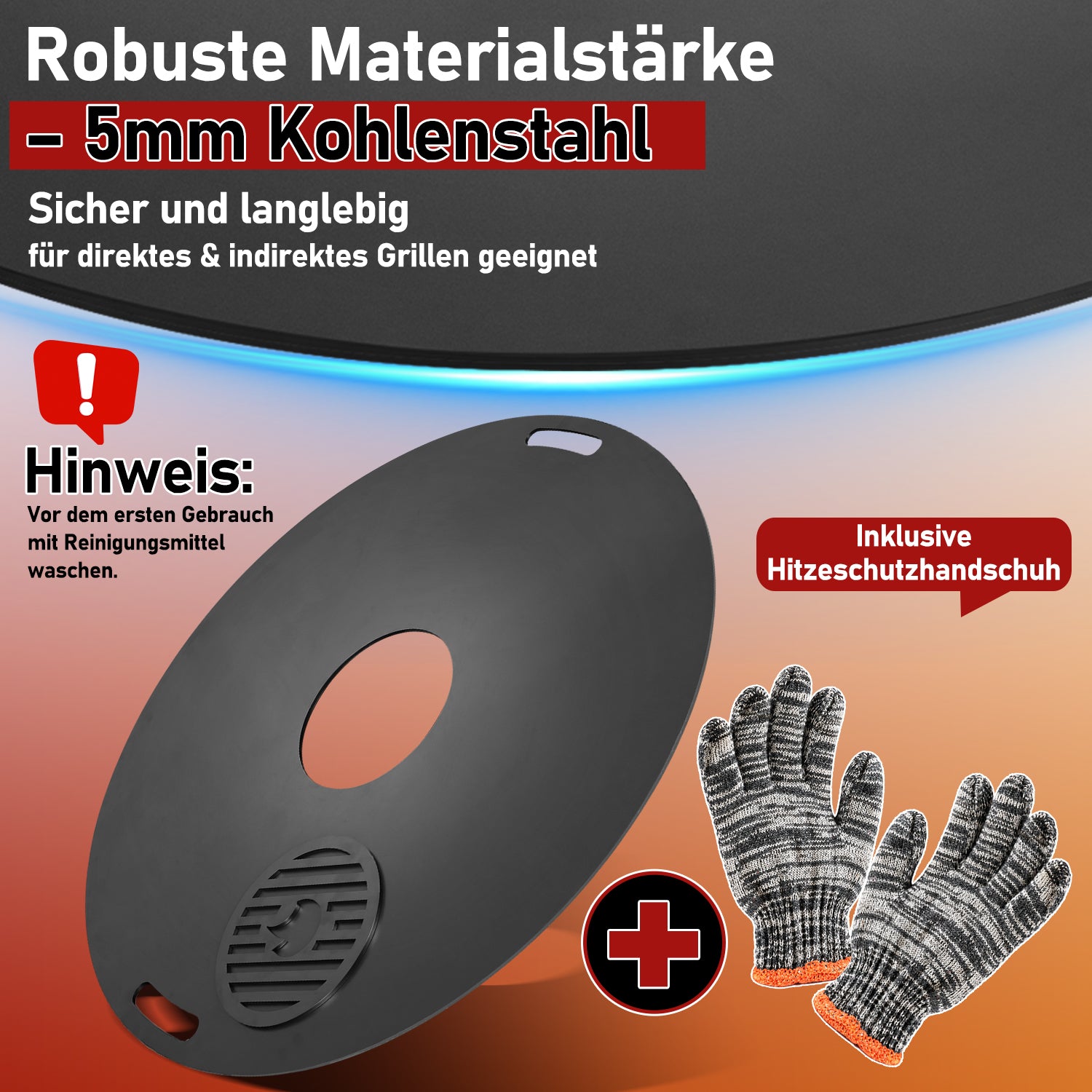 Jopassy Feuerplatte 80 cm aus 5 mm Carbonstahl mit herausnehmbarem Grilleinsatz