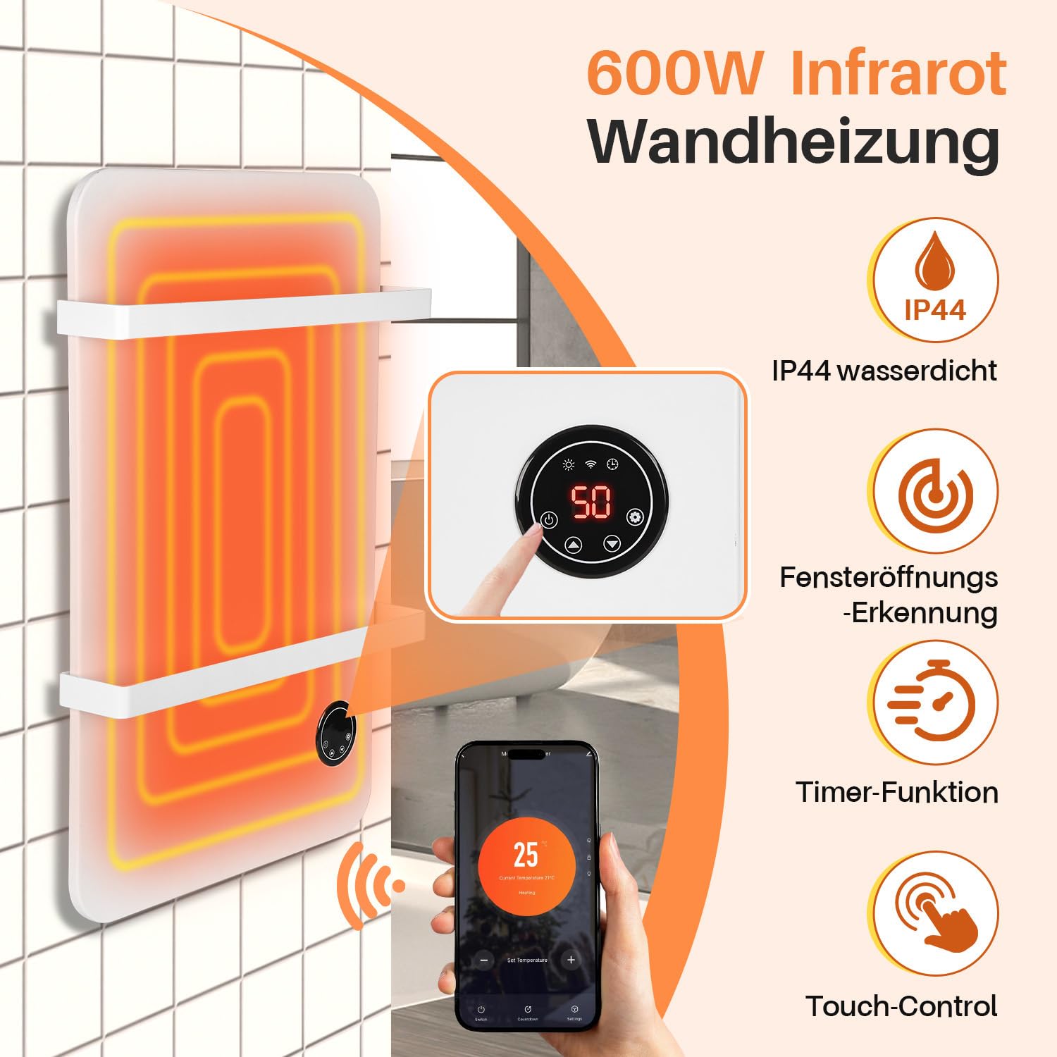 Jopassy Infrarotheizung 400/600W mit Thermostat Tuya App Fernbedienung und Handtuchhalter