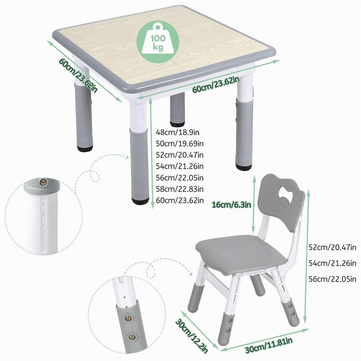Jopassy Kindertisch 60/80/120 cm 7-fach höhenverstellbar als Mal- und Schreibtisch